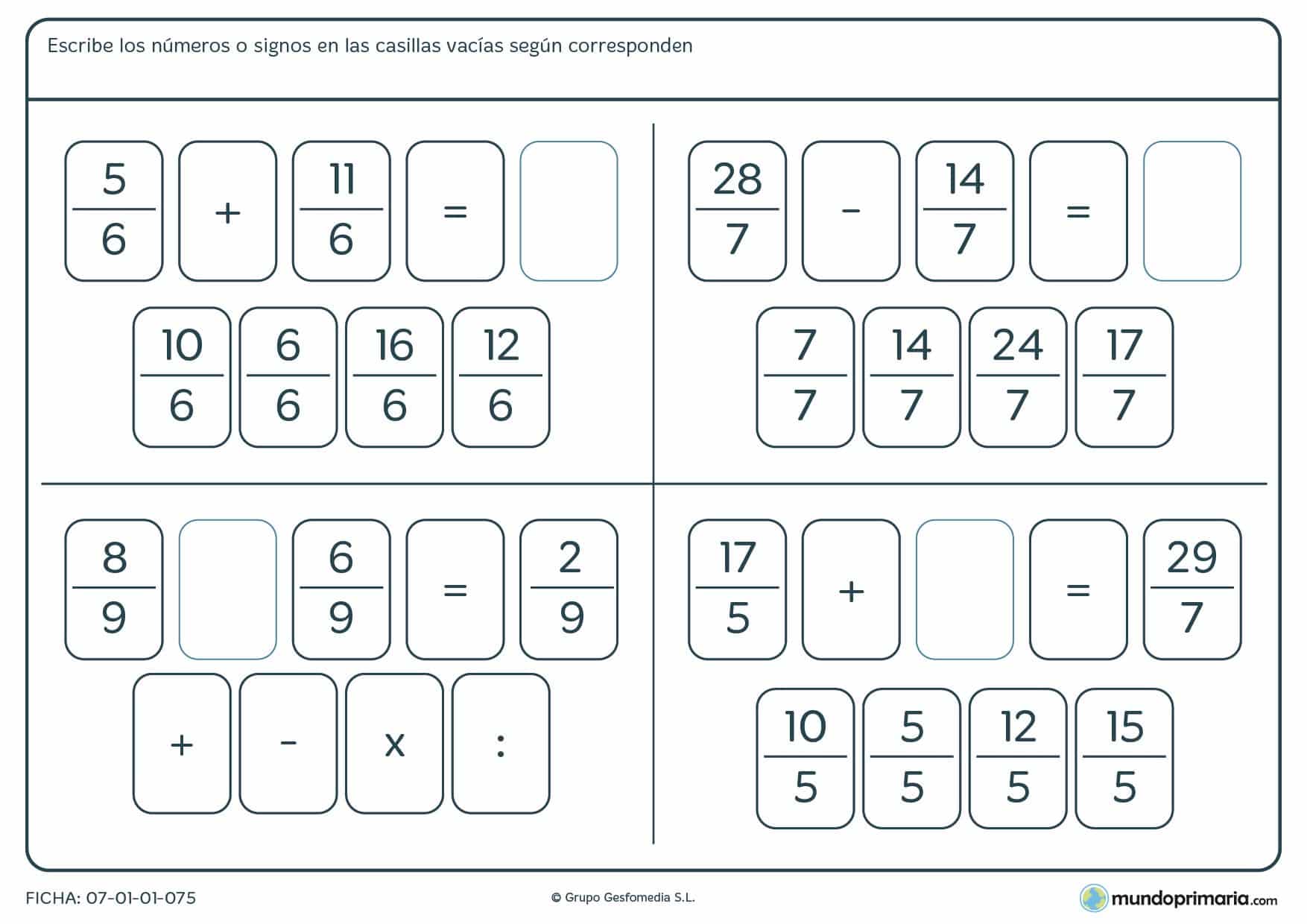 Ficha de sumas y restas de fracciones de mates para niños de Primaria