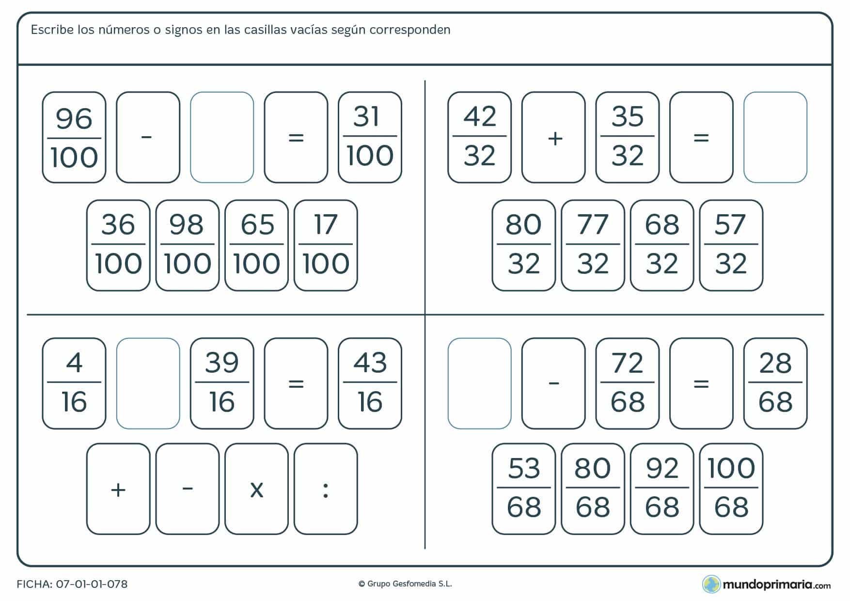 Lámina de mates sobre operaciones con fracciones para Primaria