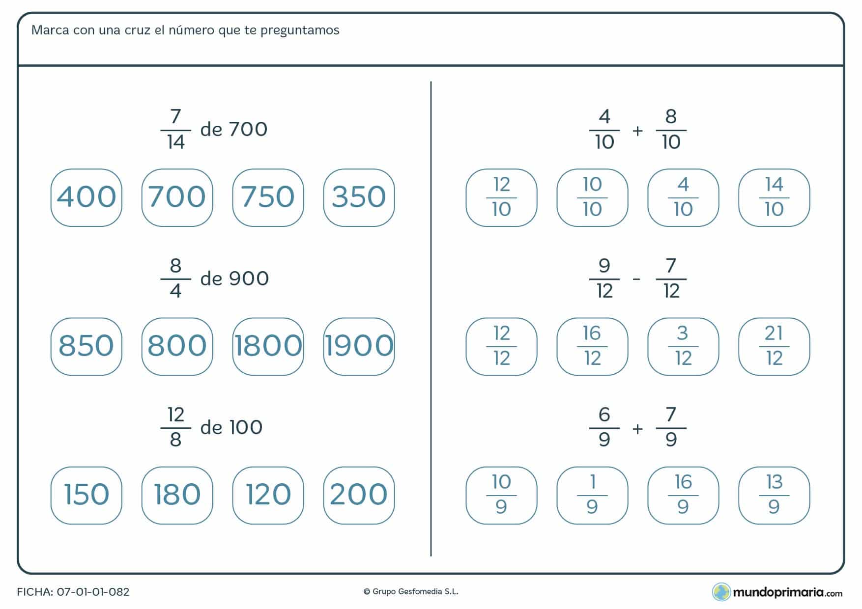 Marca con una cruz la solución de estos quebrados para 5º de Primaria