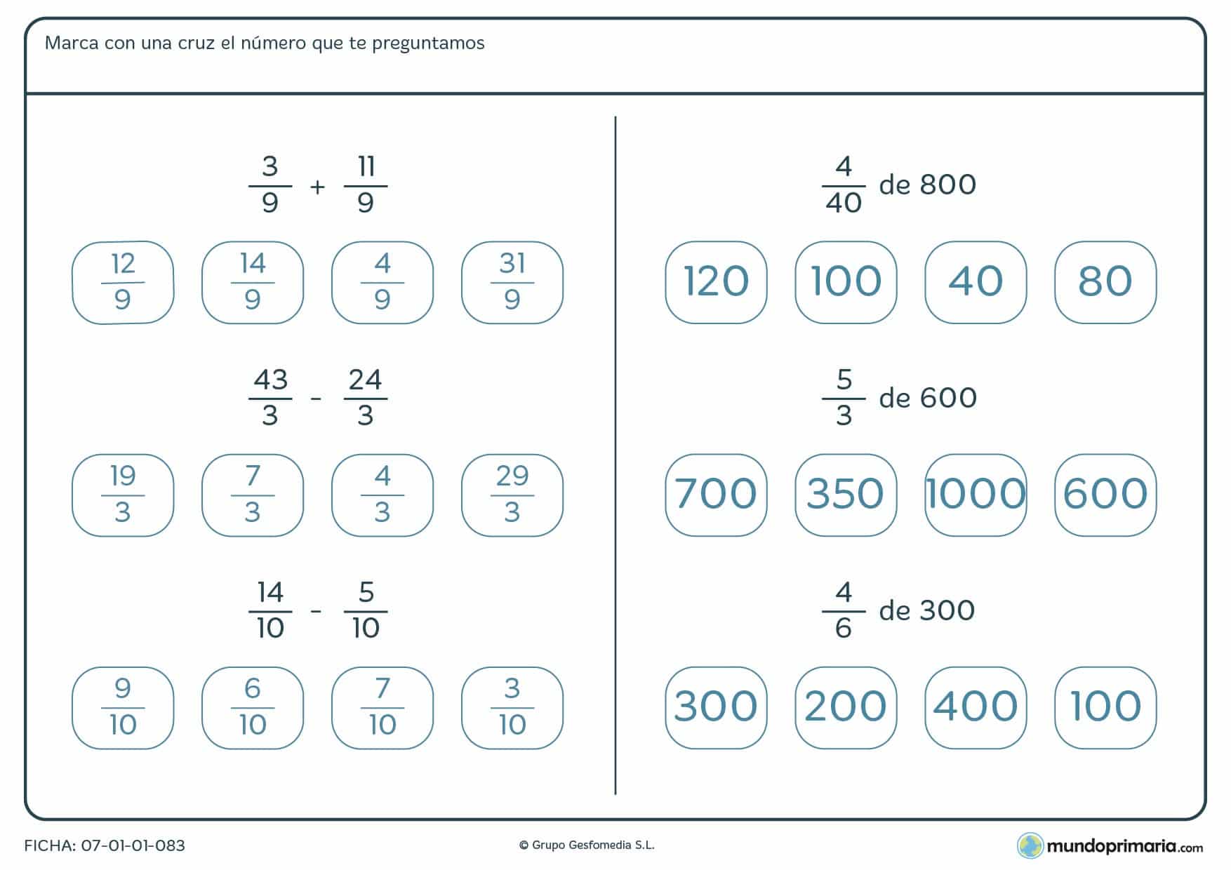Sumas, restas y fracciones donde hay que marcar el resultado para 5º