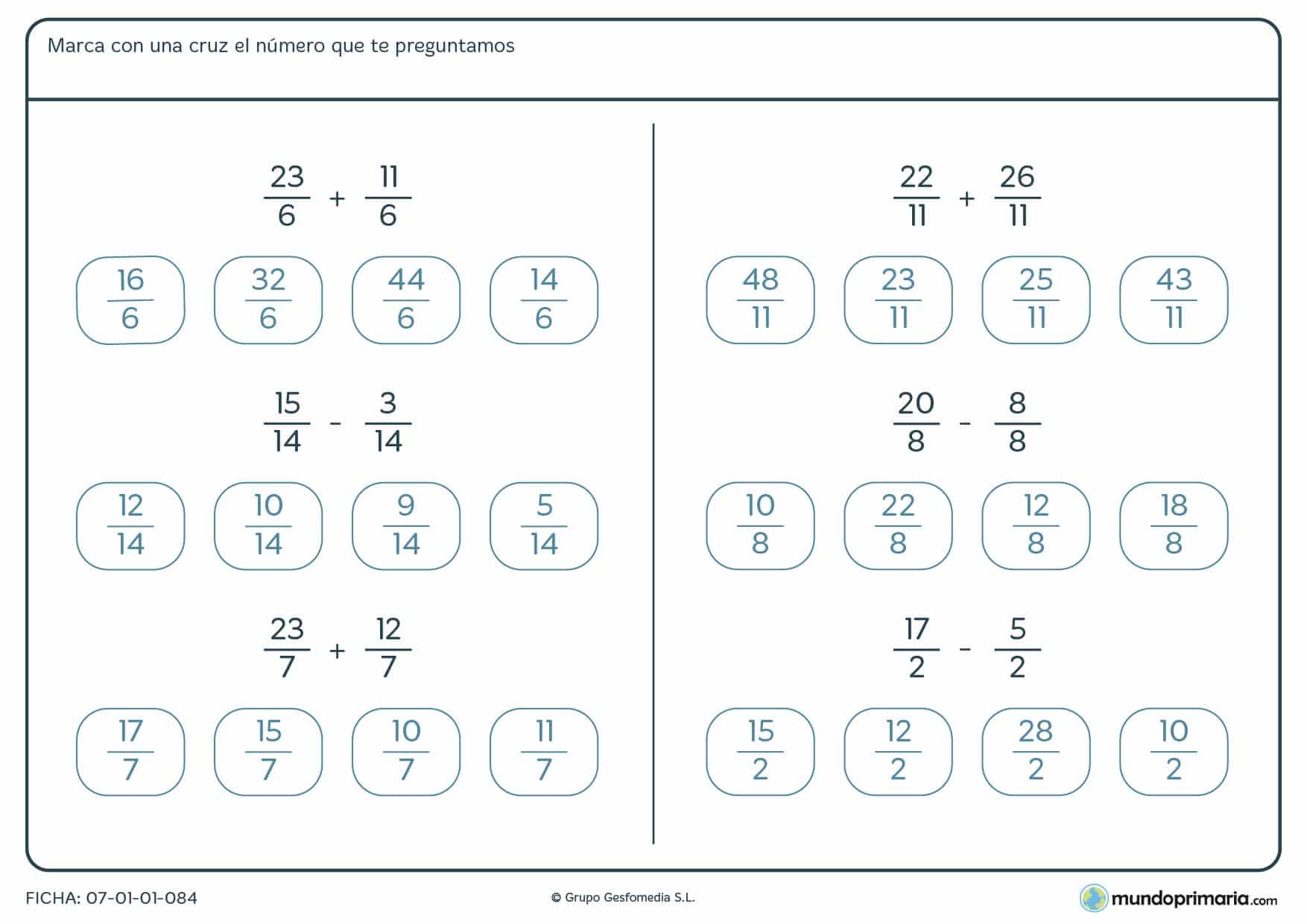 Ficha de responder el número final de los ejercicios con fracciones