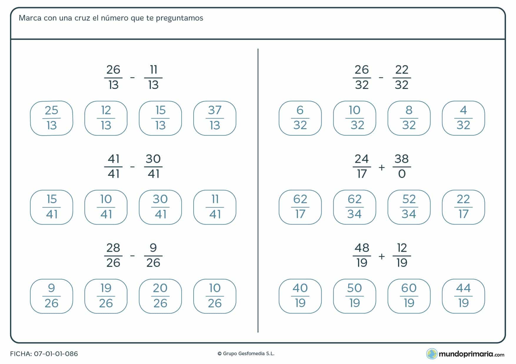 Ficha de restar y sumar diferentes tipos de fracciones para Primaria
