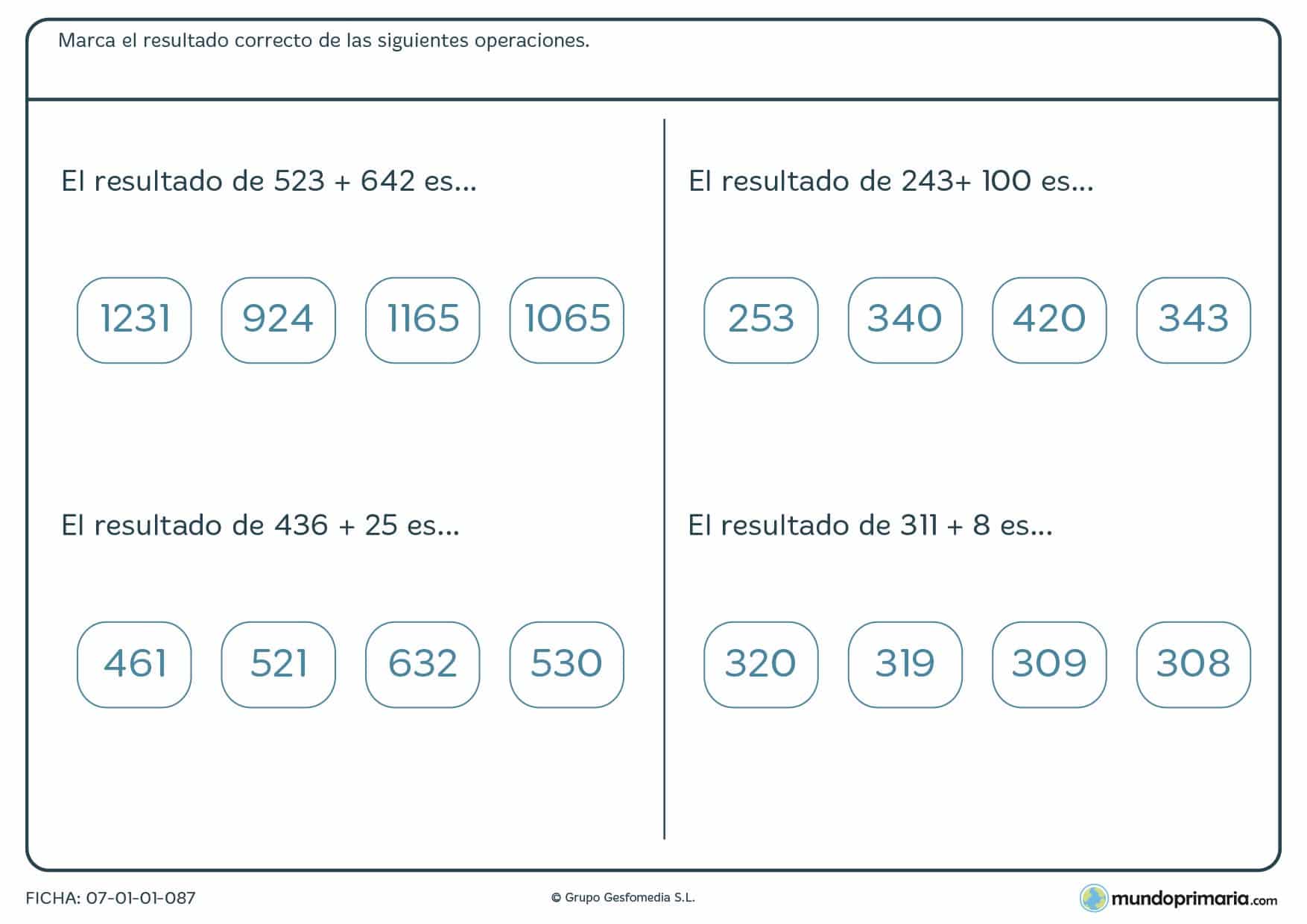 Ficha donde se busca el resultado de números naturales para 5º