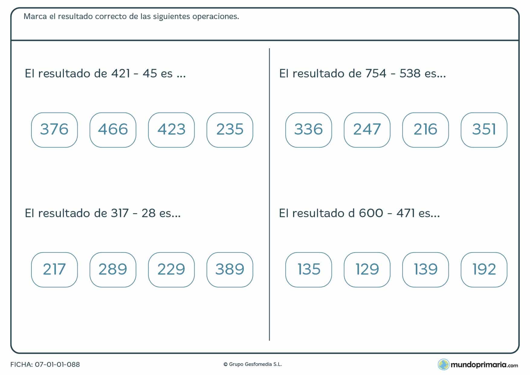 Ficha en la que hay que encontrar el resultado del ejercicio de restas