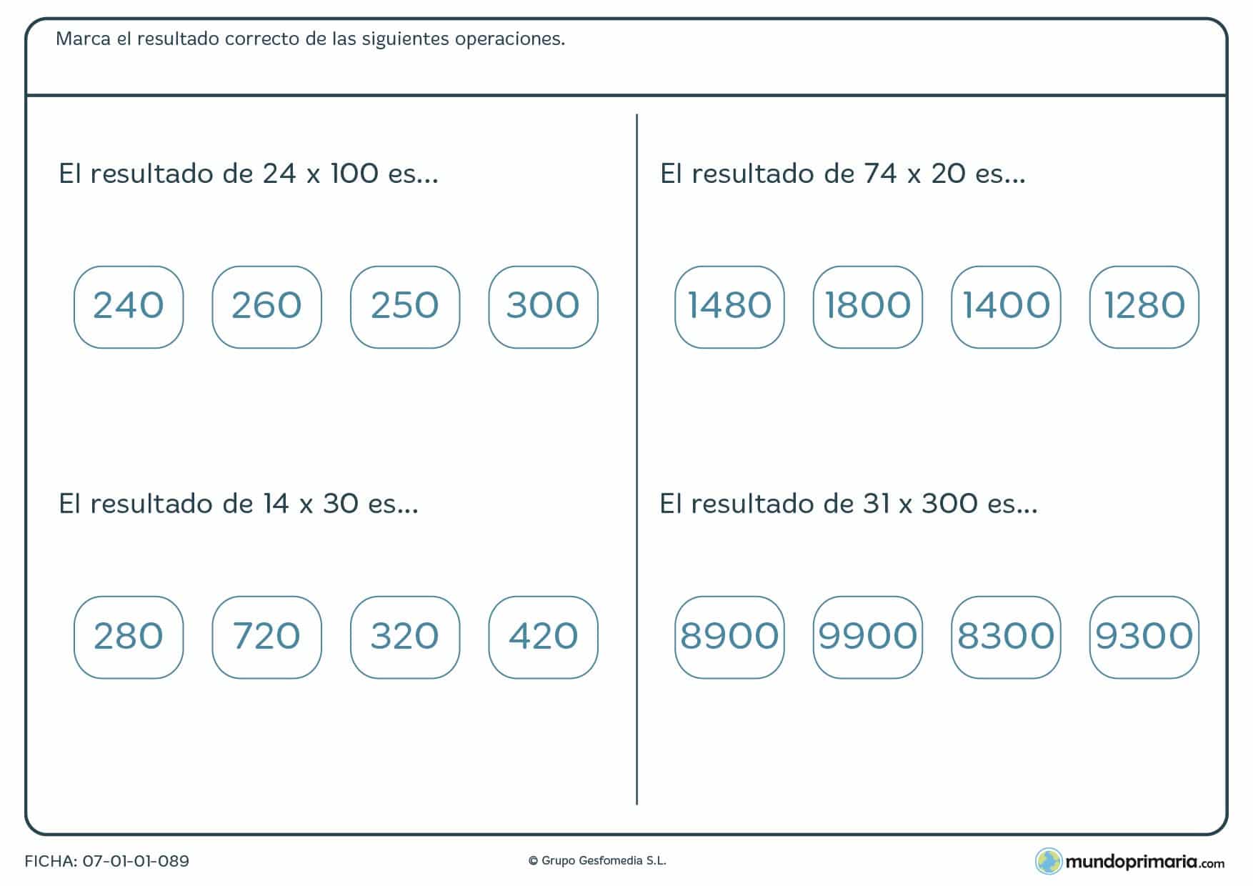 Lámina de multiplicaciones para 5º donde hay que marcar la solución