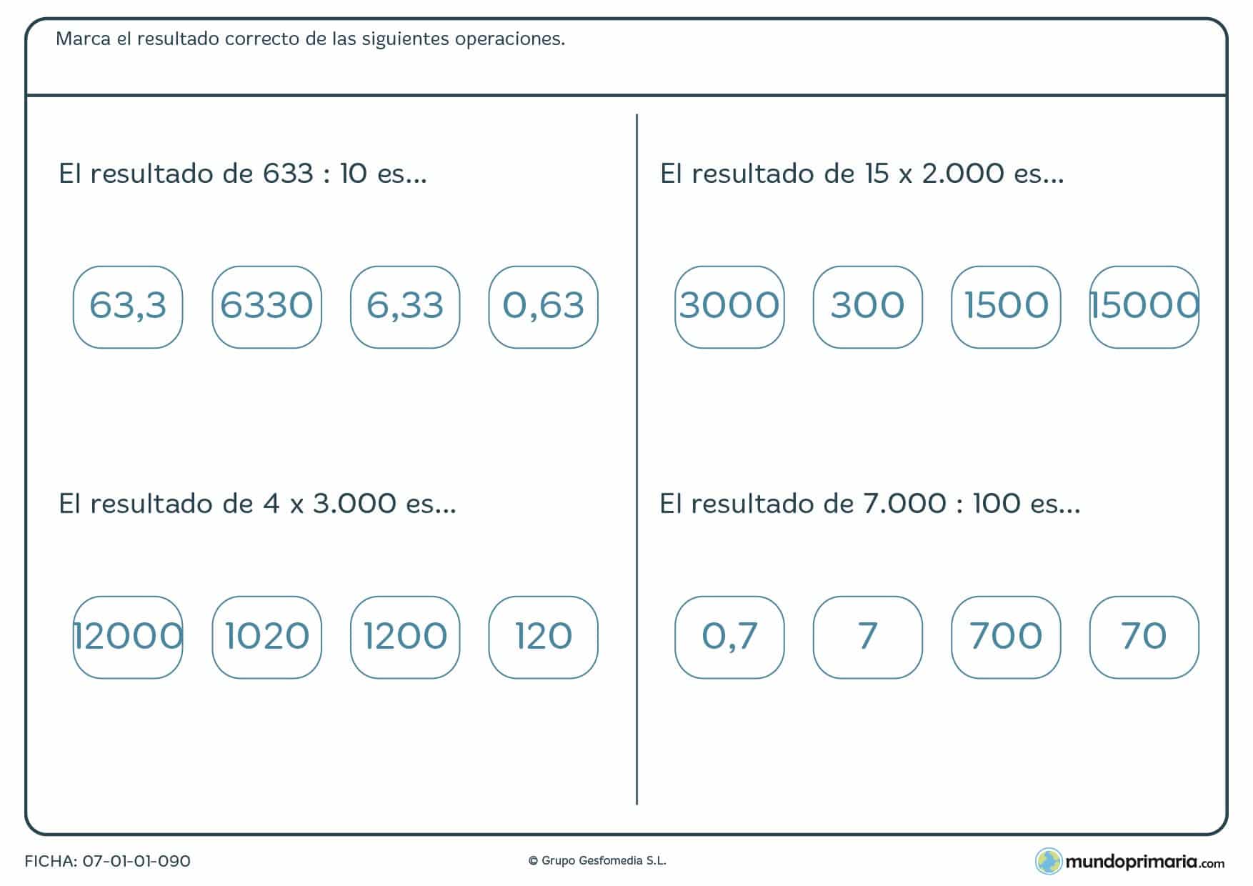 Ficha para colocar distintos resultados a ejercicios de matemáticas