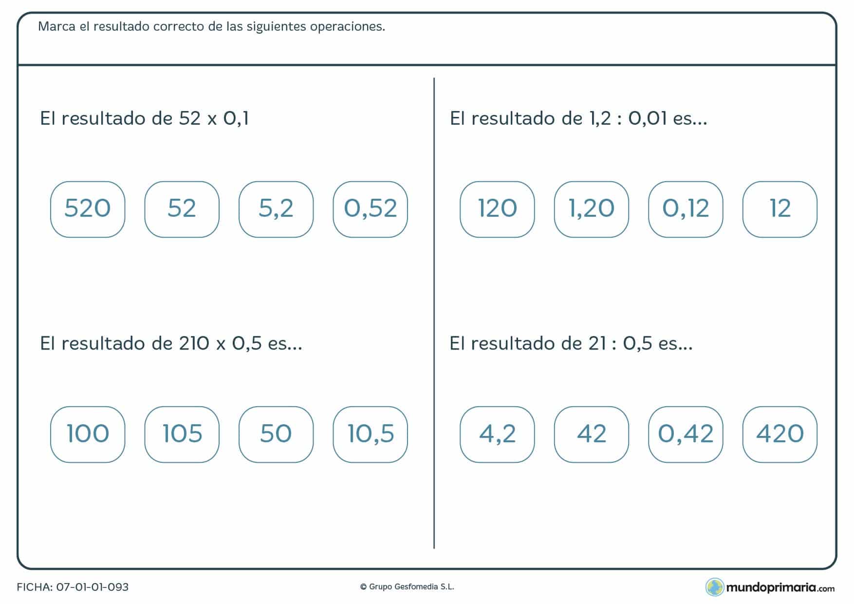 Ficha de mates para Primaria sobre divisiones y multiplicaciones