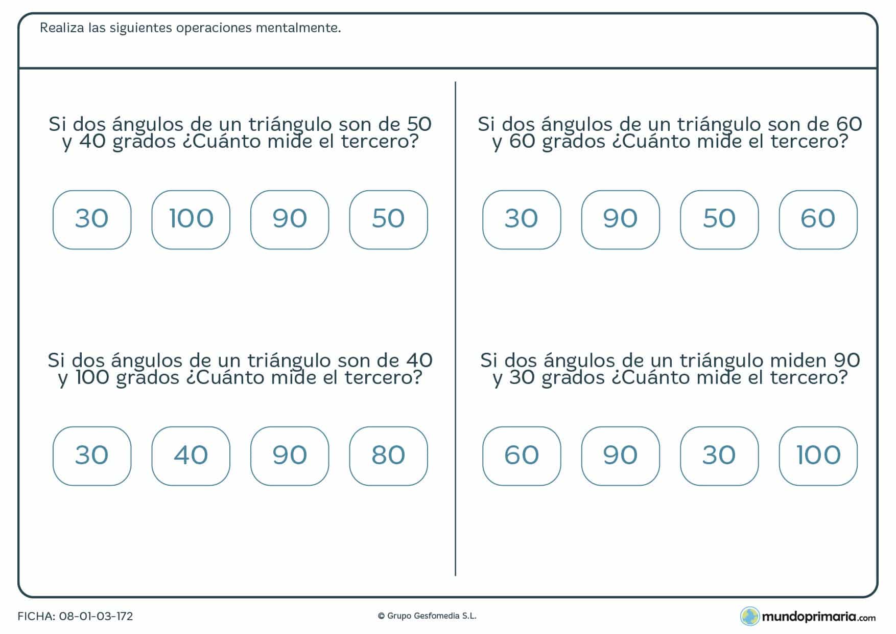 Ficha de operaciones con grados y ángulos para 6º Primaria