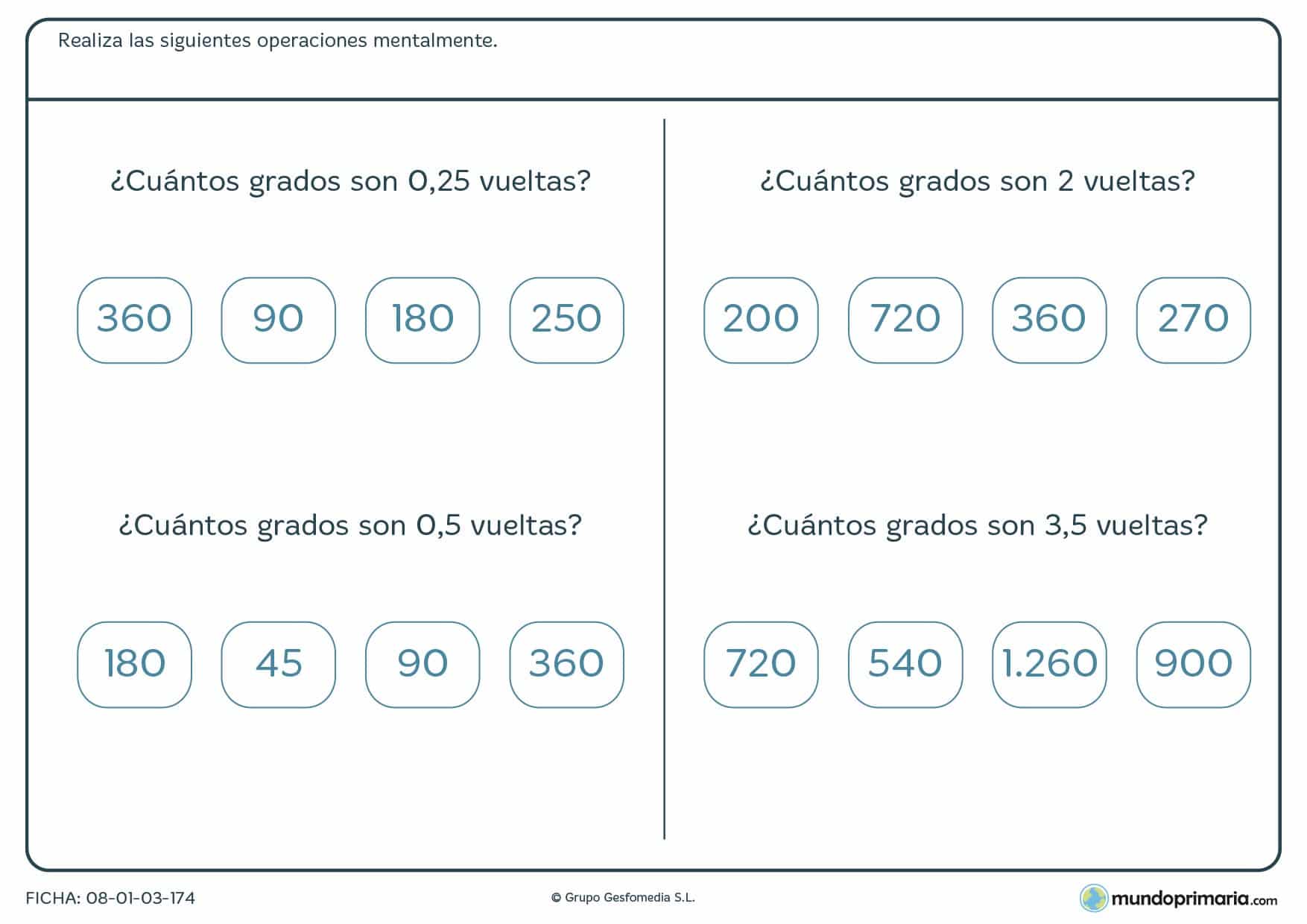 Ficha de averiguar los grados que tienen las vueltas para 6º Primaria