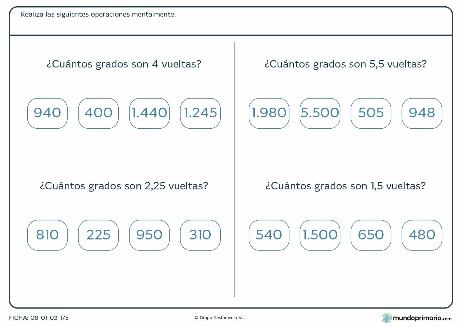 Ficha de operaciones de vueltas y grados matemáticos para Primaria