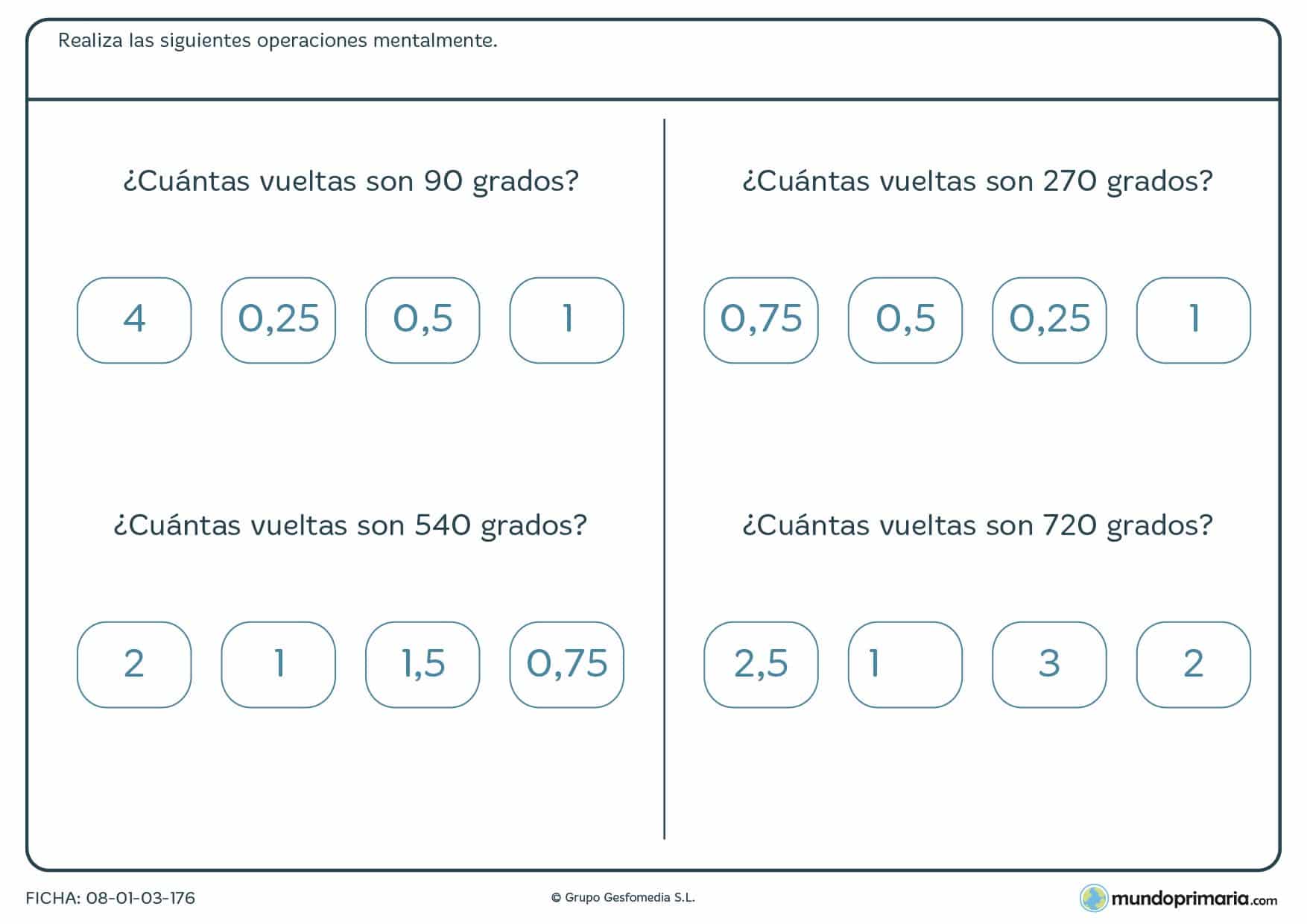 Ficha de grados y vueltas para calcular de 6º Primaria