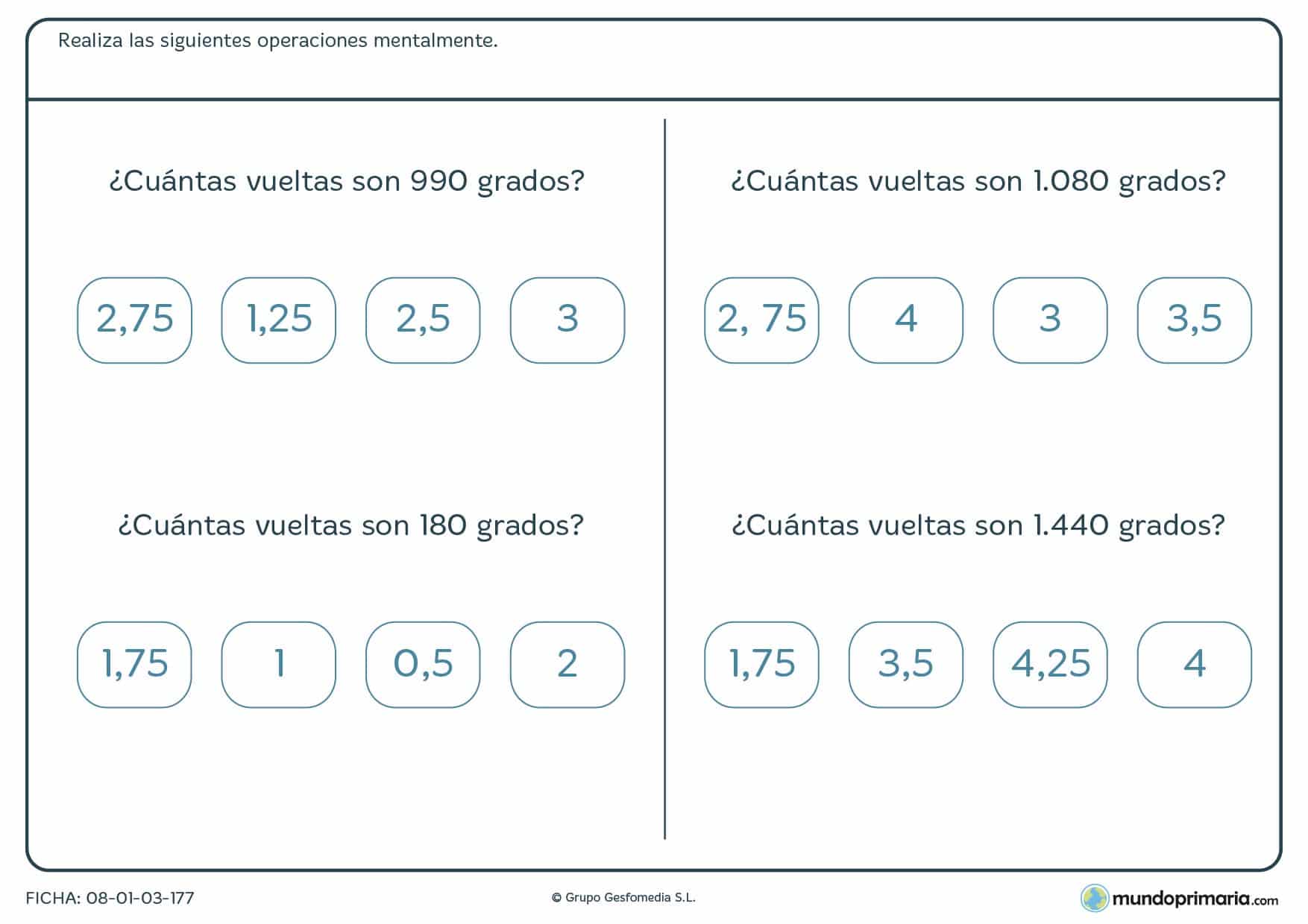 Ficha para medir vueltas con grados matemáticos para 6º de Primaria
