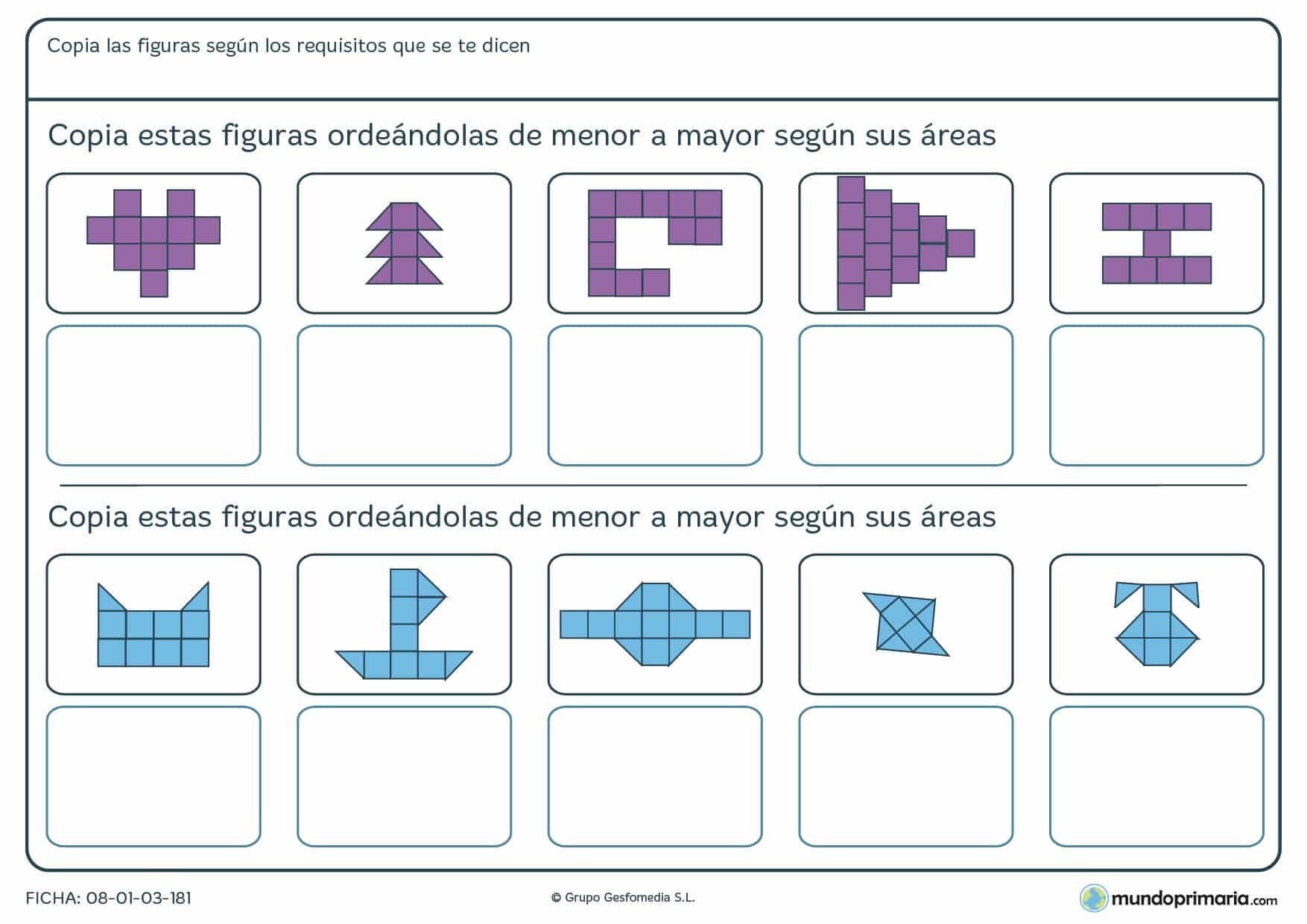 Ficha de copiar areas cuadradas y ordenarlas por tamaño para Primaria