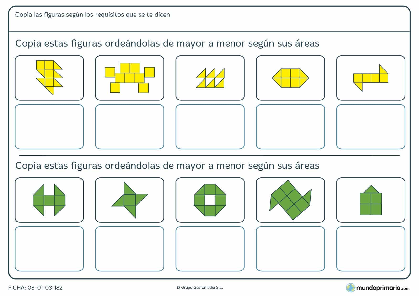 Ficha de repetir y clasificar areas cuadradas por numero para Primaria