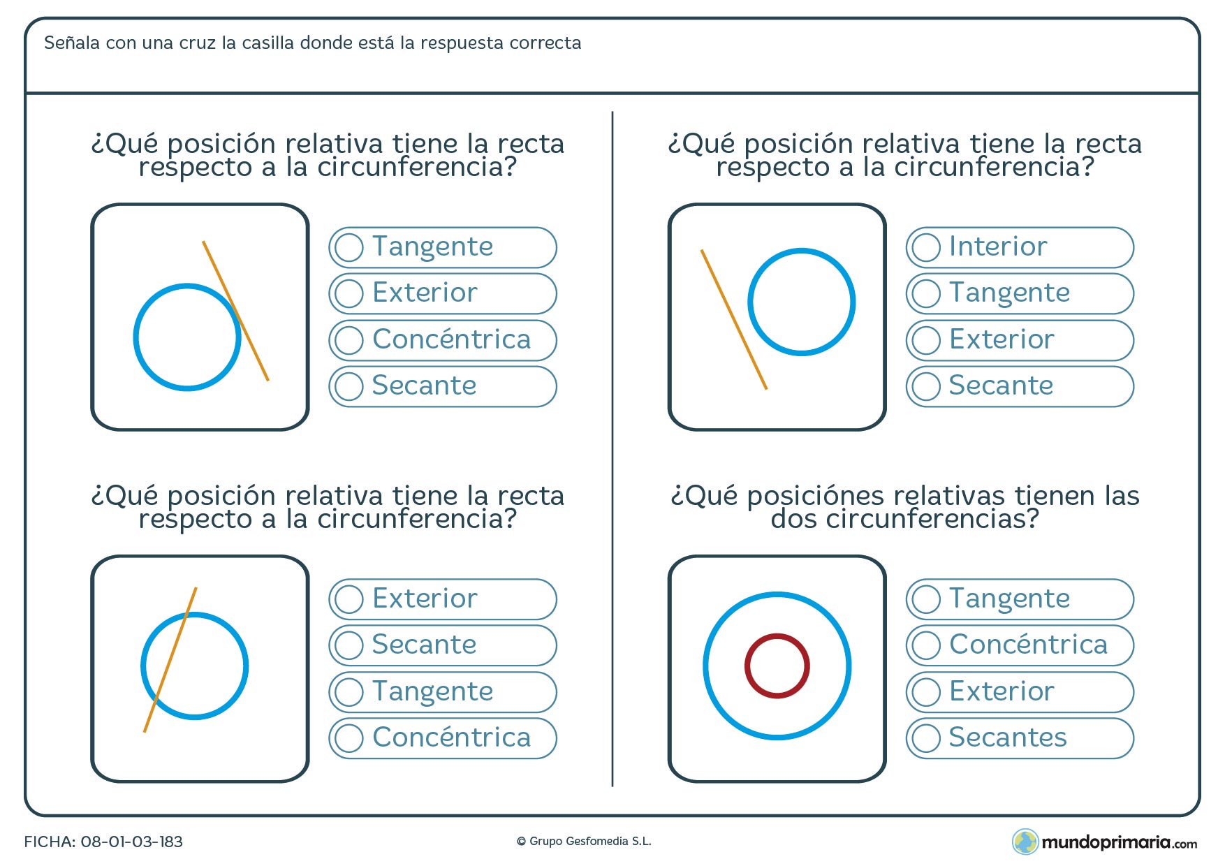 Ficha de posiciones relativas de la recta y la circunferencia para 6º