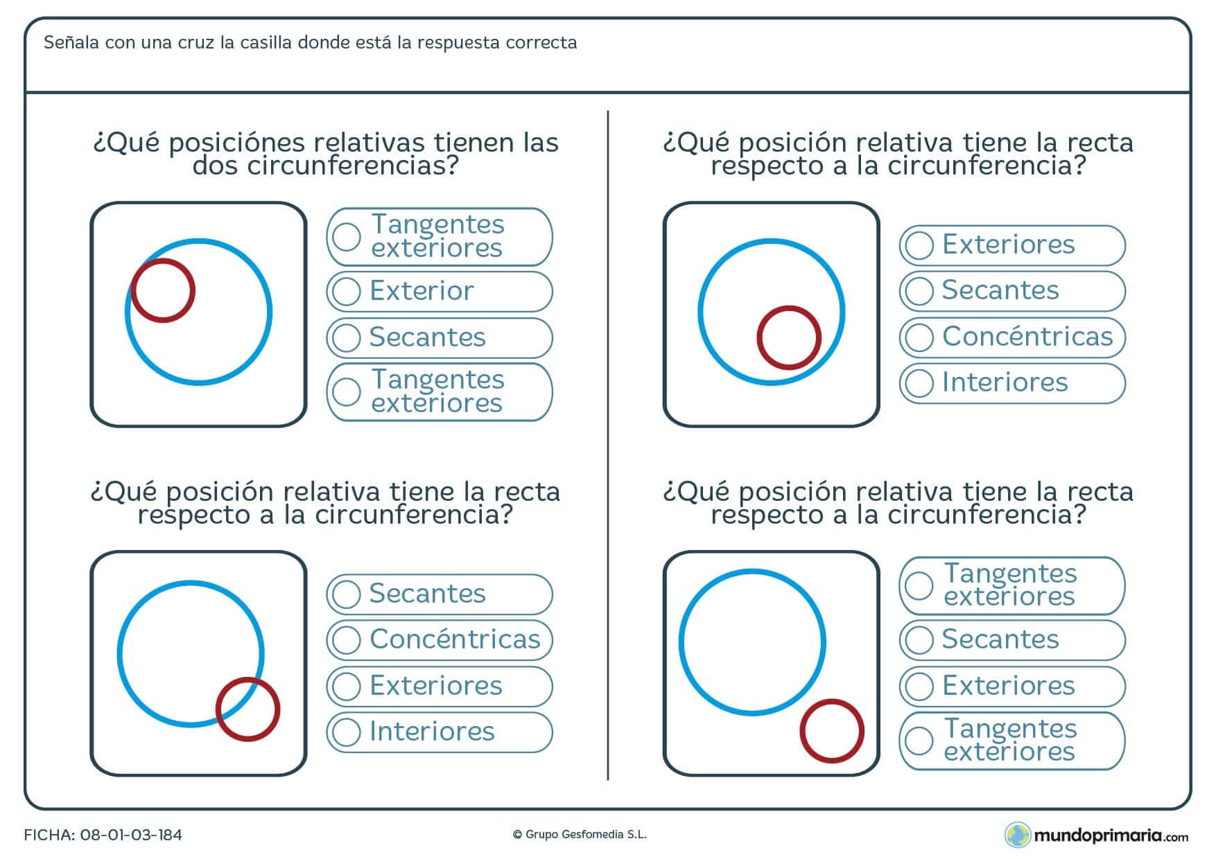Ficha de posiciones relativas entre circunferencias para Primaria