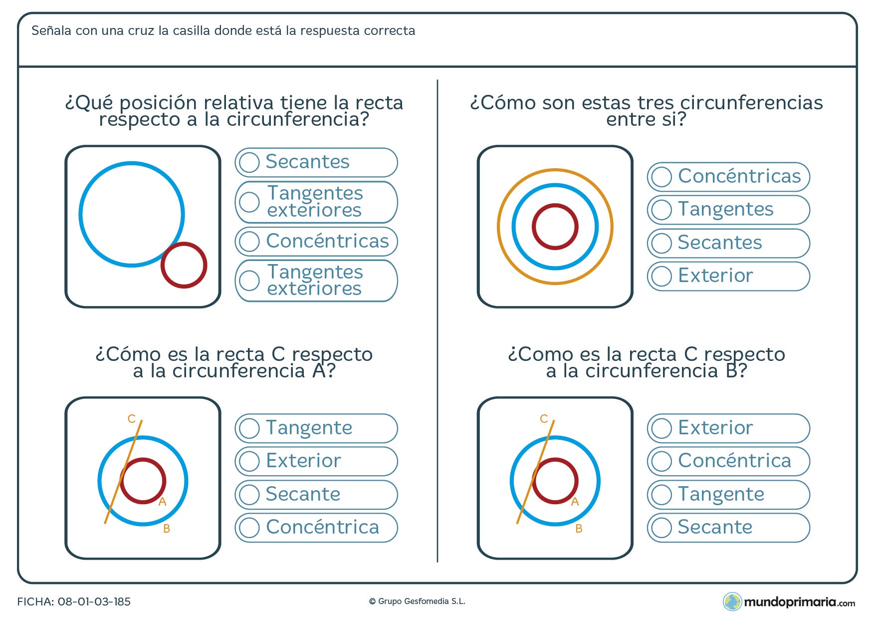 Ficha de secantes, tangentes, exteriores y concéntricas para 6º