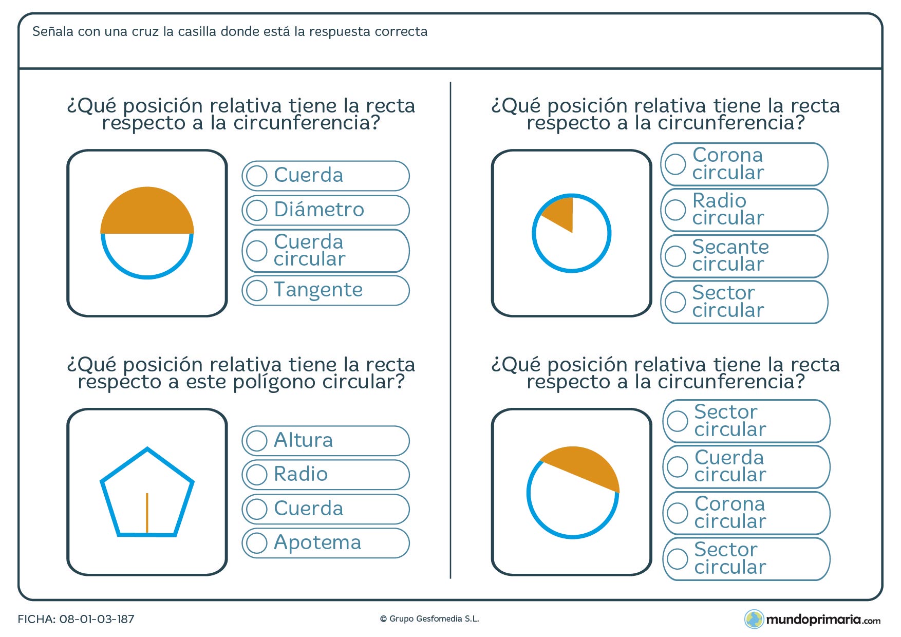 Ficha de posiciones relativas con figuras geométricas para Primaria