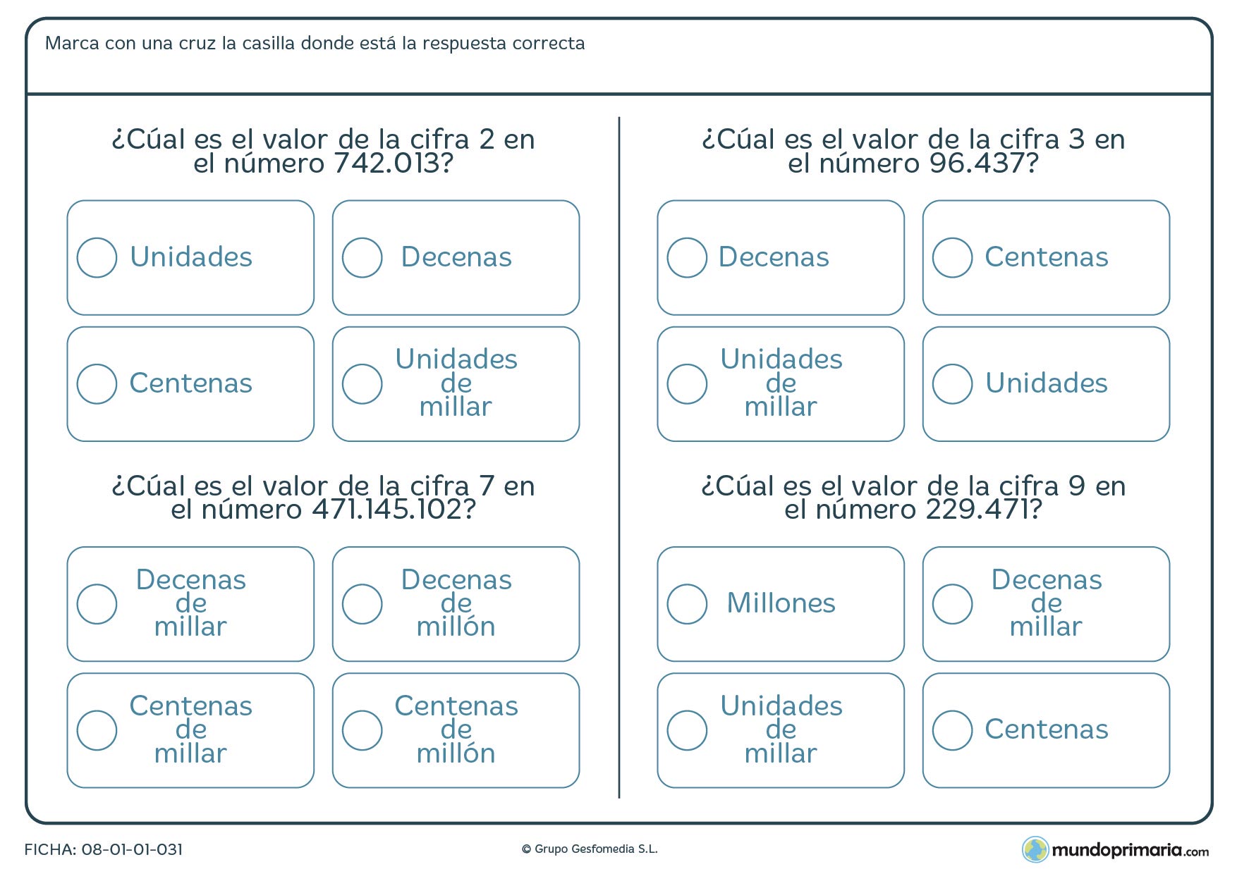 Ficha de valor posicional de números de más de 5 cifras para 6º