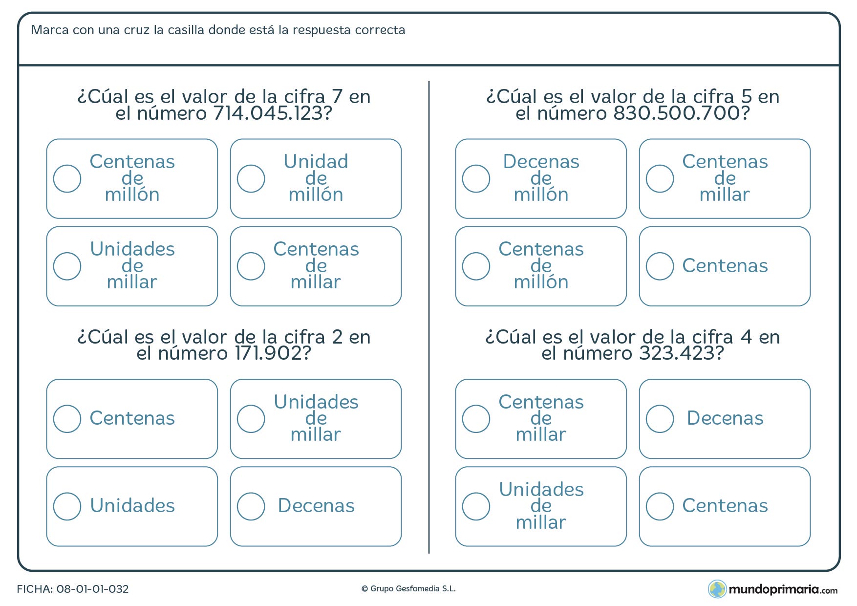 Ficha para indicar el valor que tiene la cifra indicda para Primaria