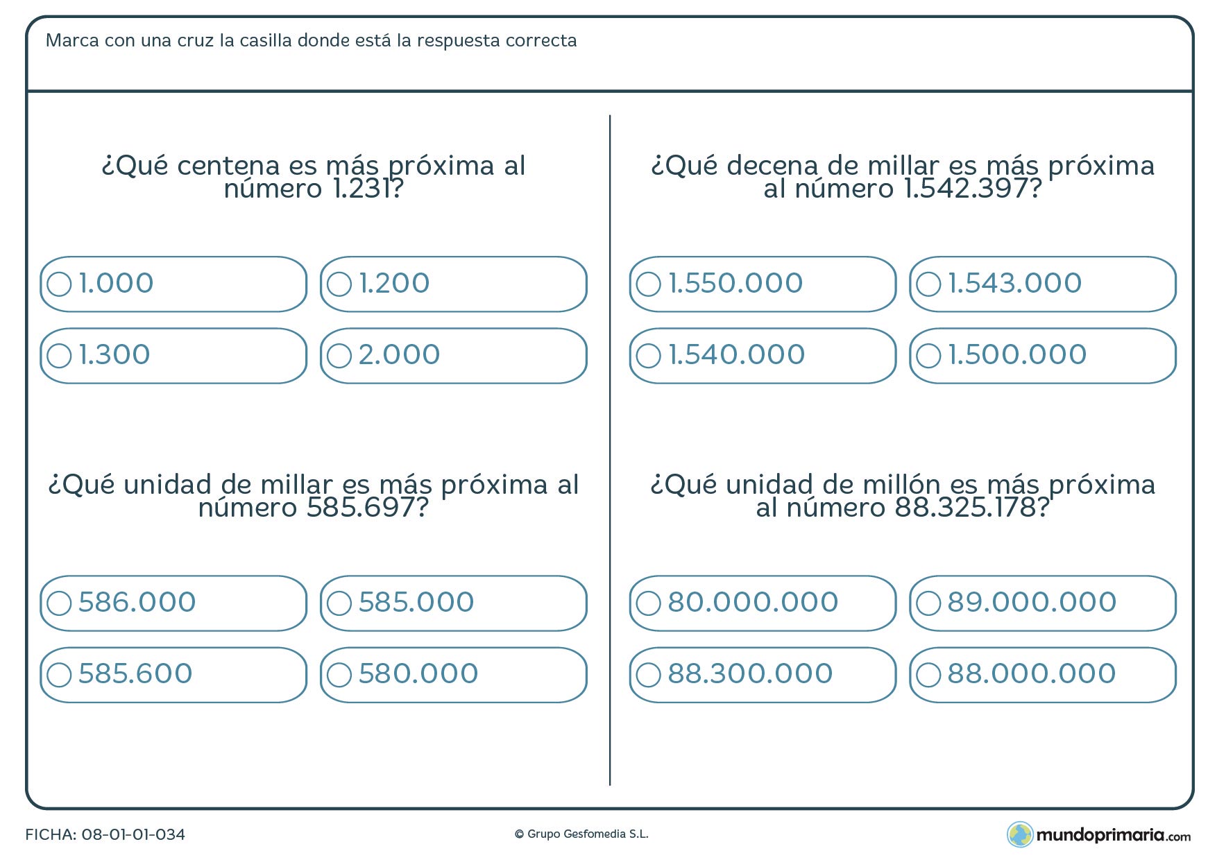 Ficha de aproximación del número posicional indicado para Primaria