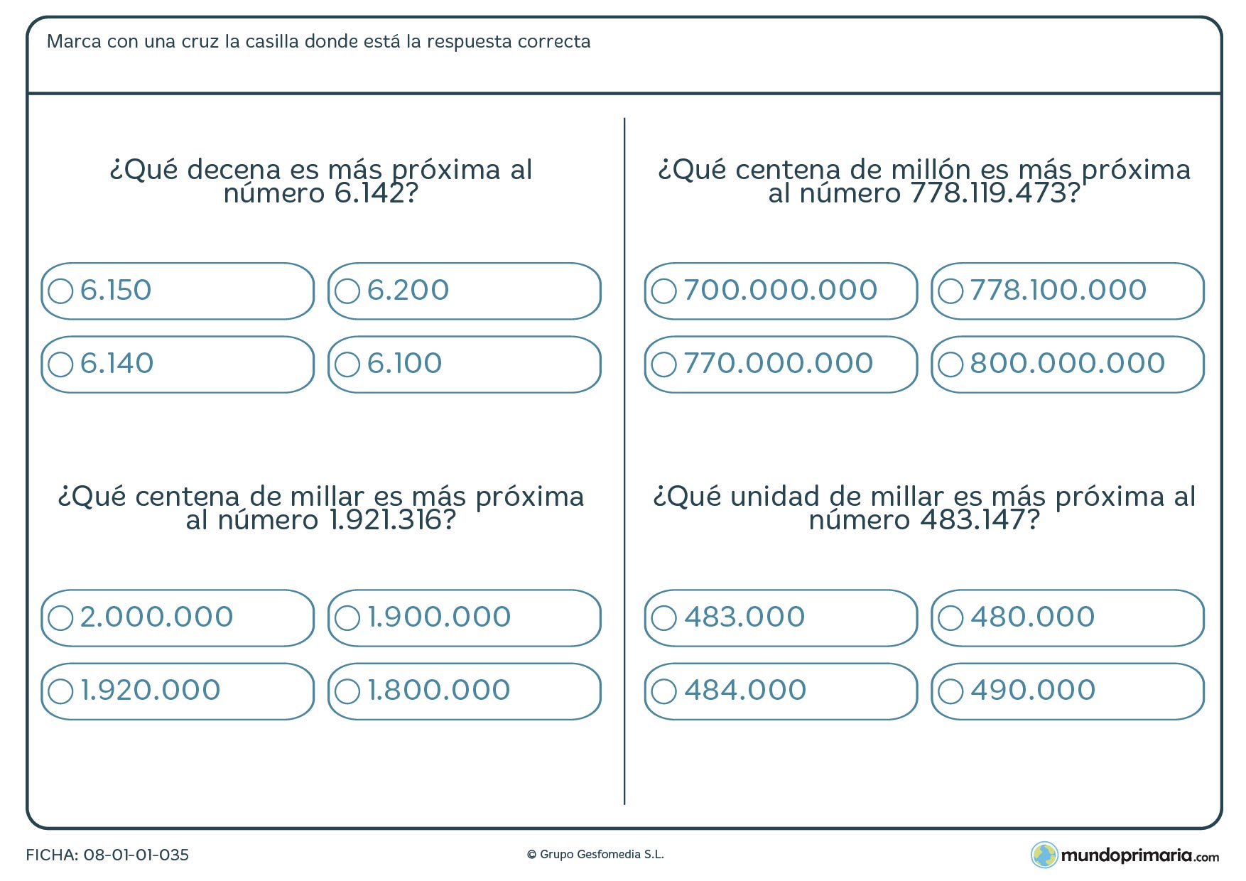 Ficha de marcar el número más próximo al indicado para 6º de Primaria