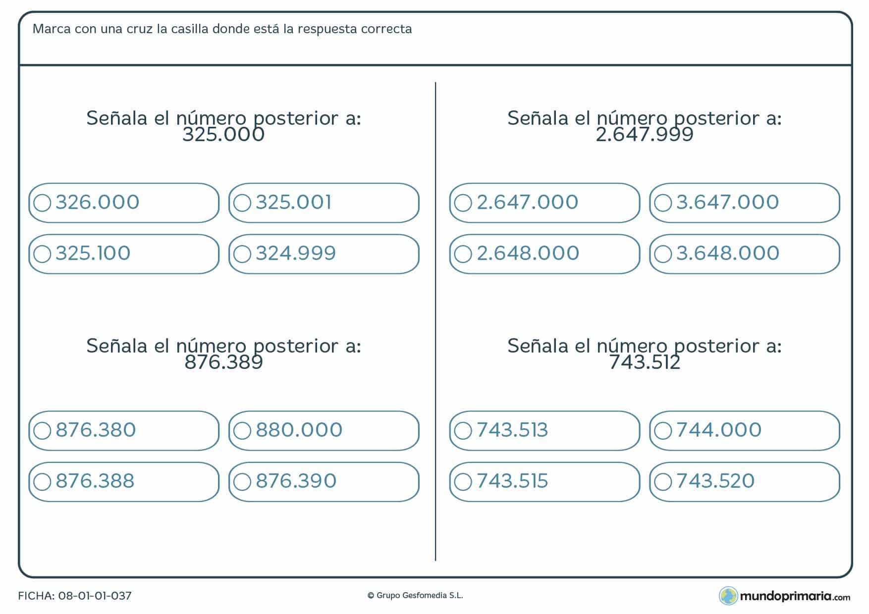 Ficha del número posterior de la ciftra para 6º de Primaria