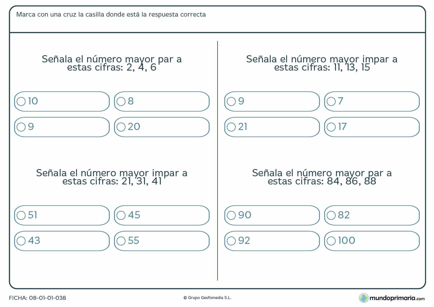 Ficha de seleccionar el número mayor par e impar para 6º