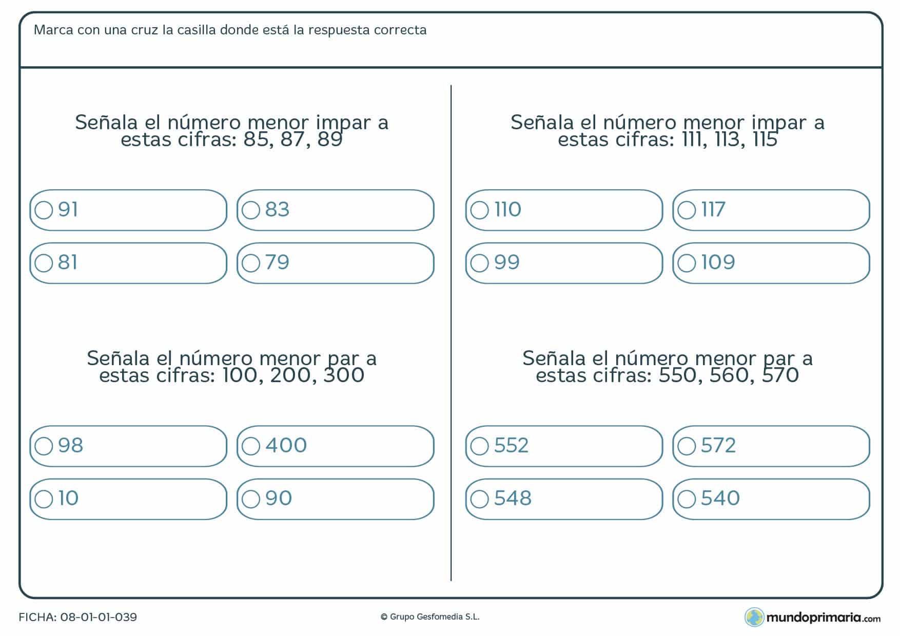 Ficha para marcar con una cruz el número menor par o impar para 6º