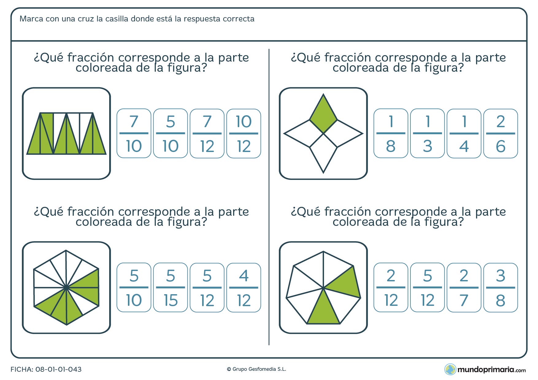 Ficha con triángulos coloreados para pasar a fracción para 6º