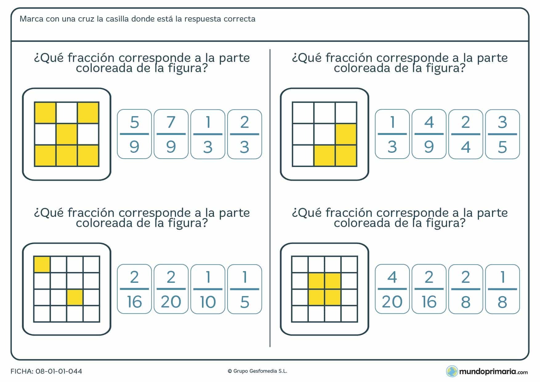 Ficha con cuadrados que forman una fracción poralumnos y alumnas de 6º