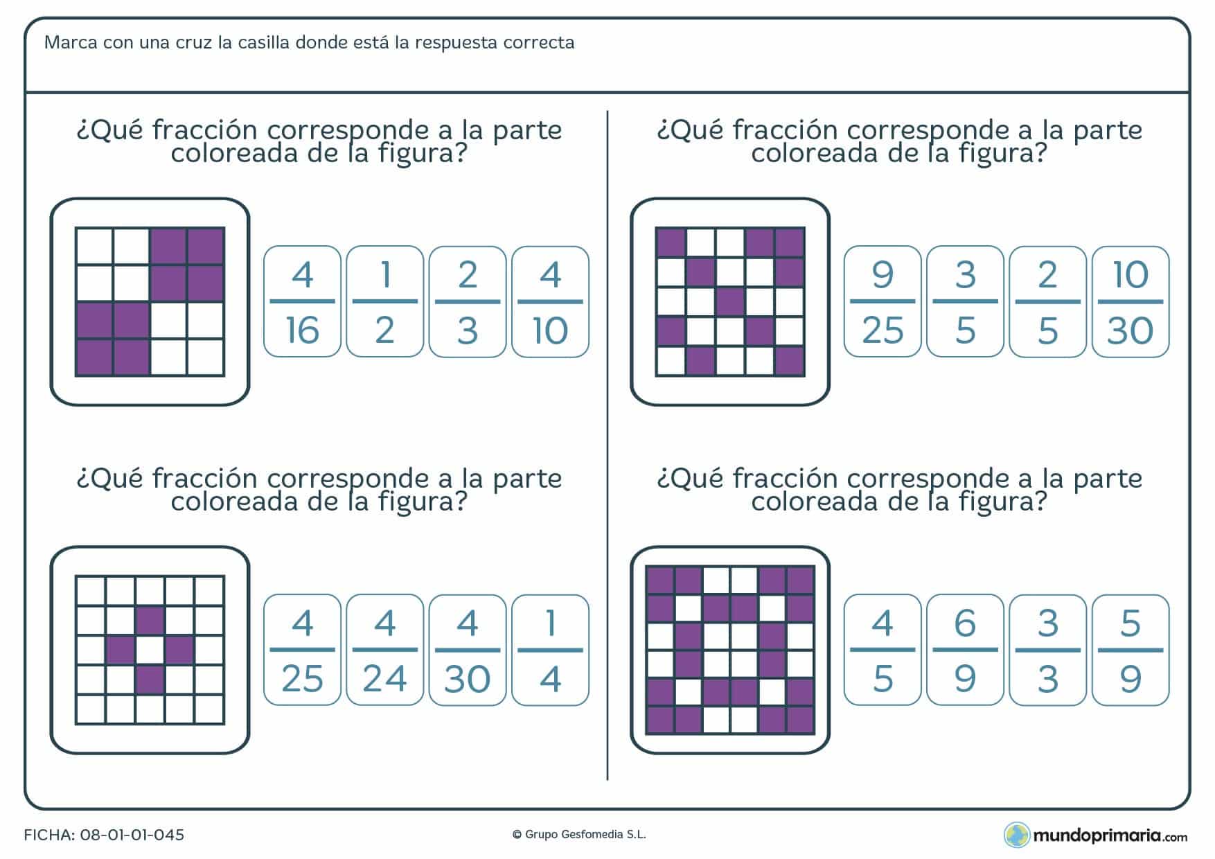 Ficha con particiones de áreas para pasar a fracción para 6º Primaria