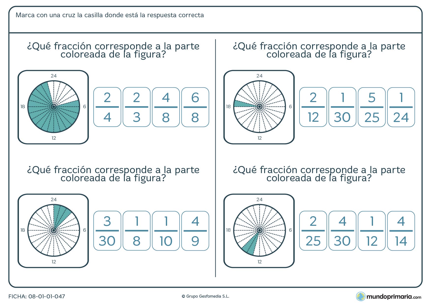 Ficha de indicar la fracción formada por lo coloreado del círculo 6º