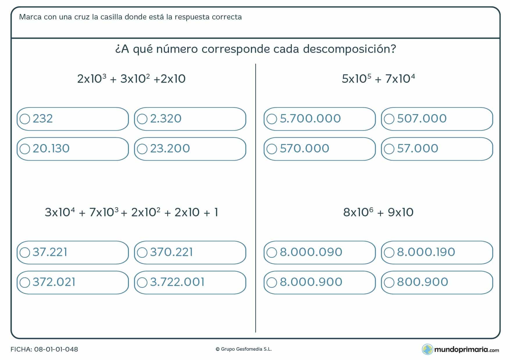 Ficha del valor formado por la descomposición de números para 6º