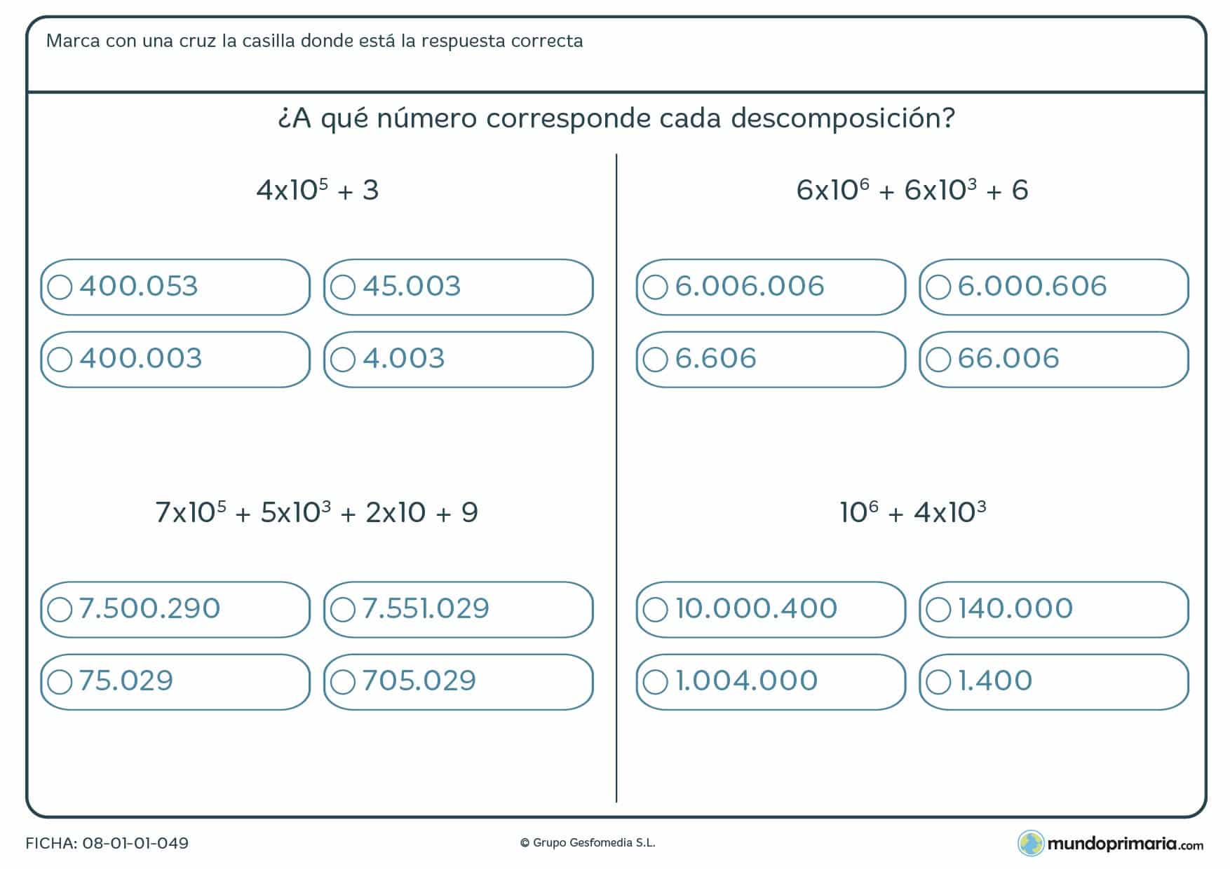 Ficha con potencias de 10 para resolver por alumnos y alumnas de 6º