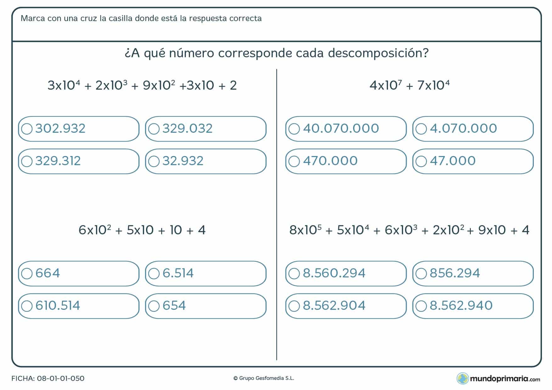 Ficha con suma de números con potencias de 10 para descomponer para 6º