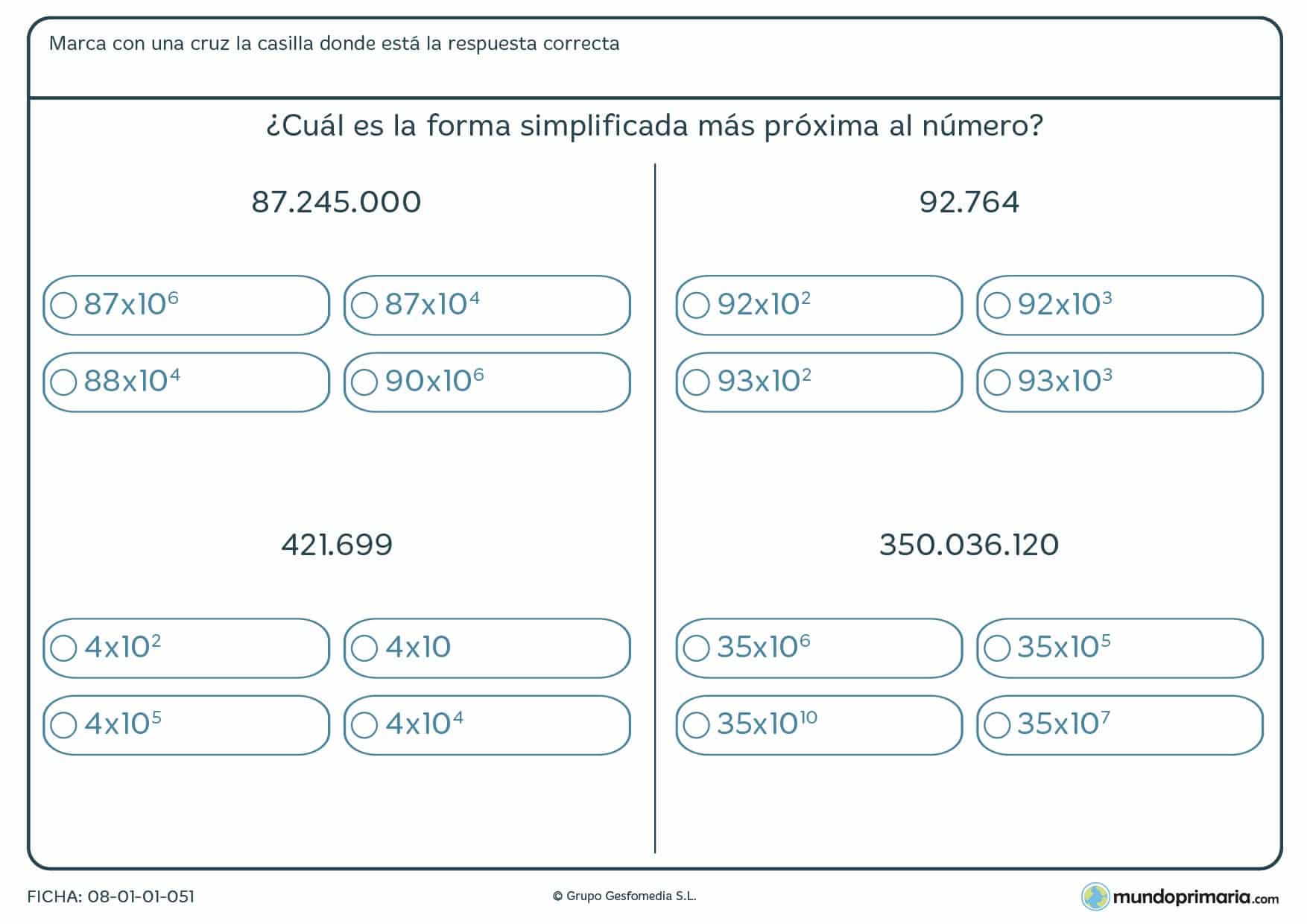 Ficha de elevar a potencia de 10 los 4 números de la ficha para 6º