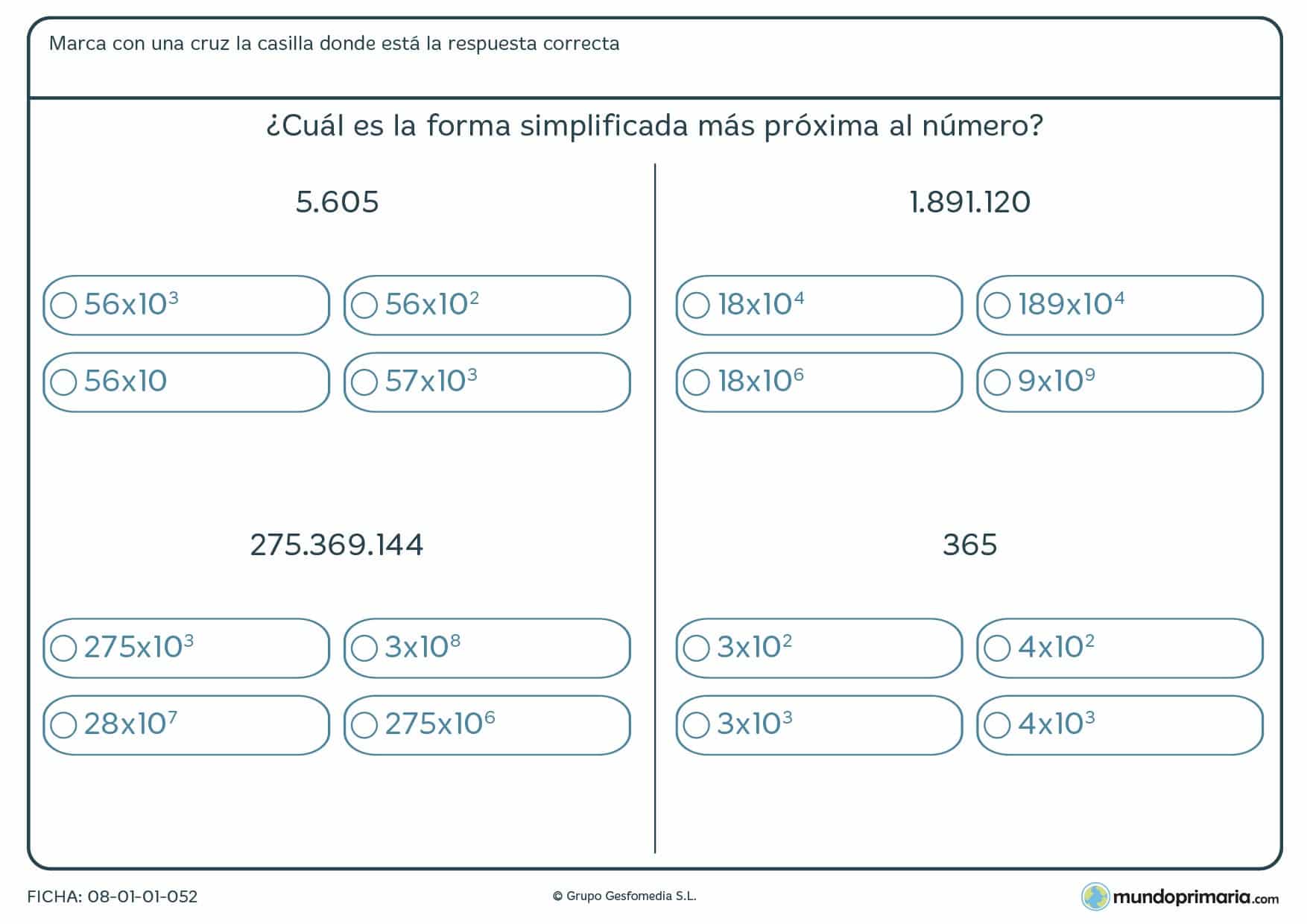 Ficha para simplificar números mediante las potencias de 10 para sexto