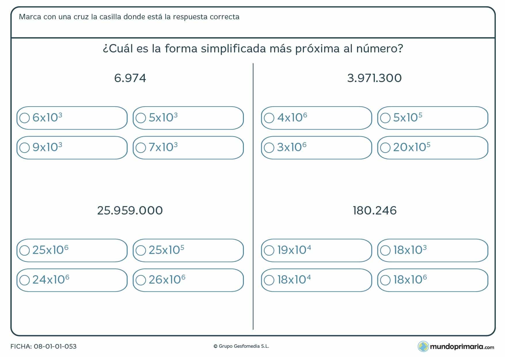 Ficha para redondear números largos con potencias de diez por 6º