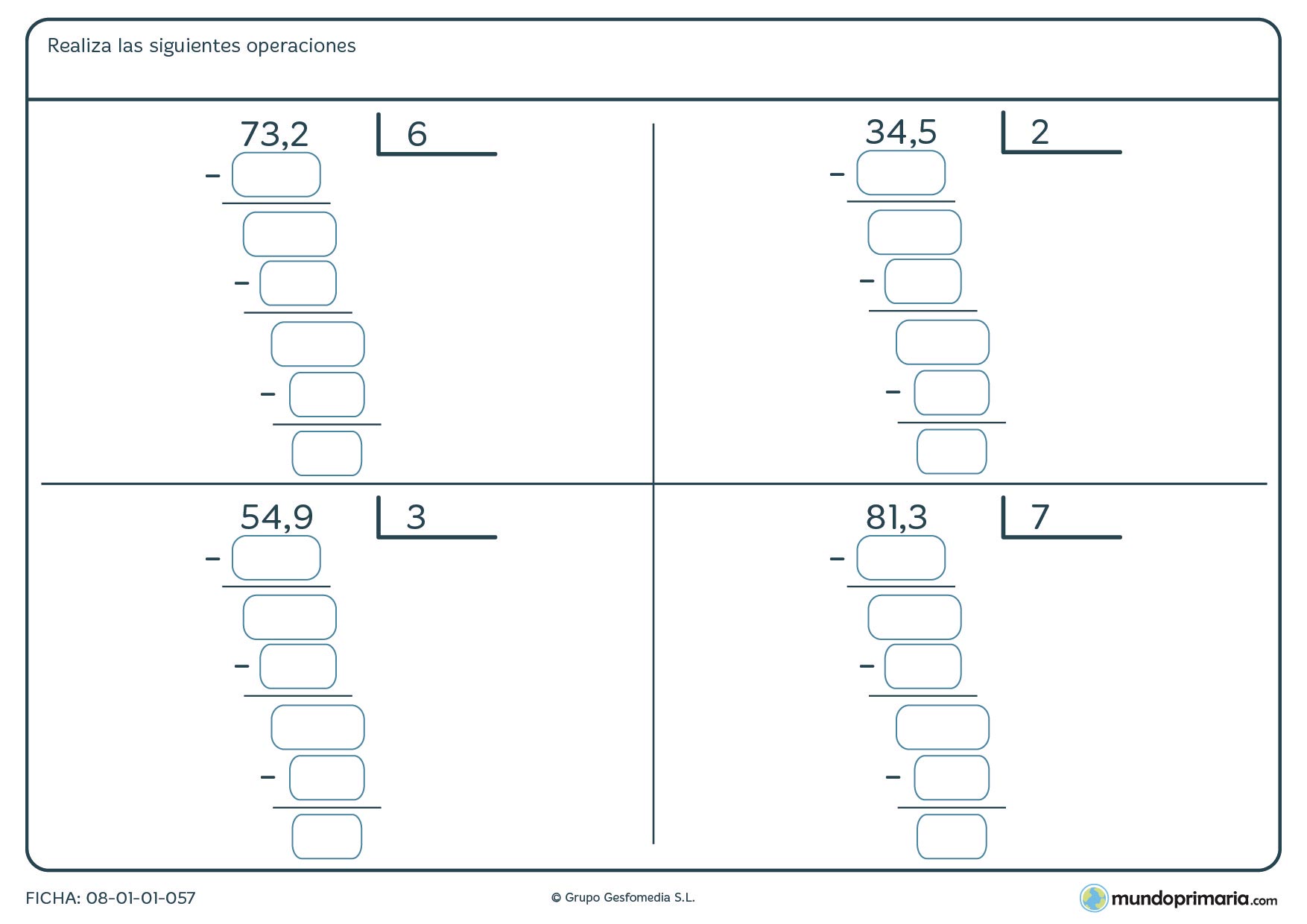 Ficha con divisiones con los huecos para las cuentas para 6º Primaria