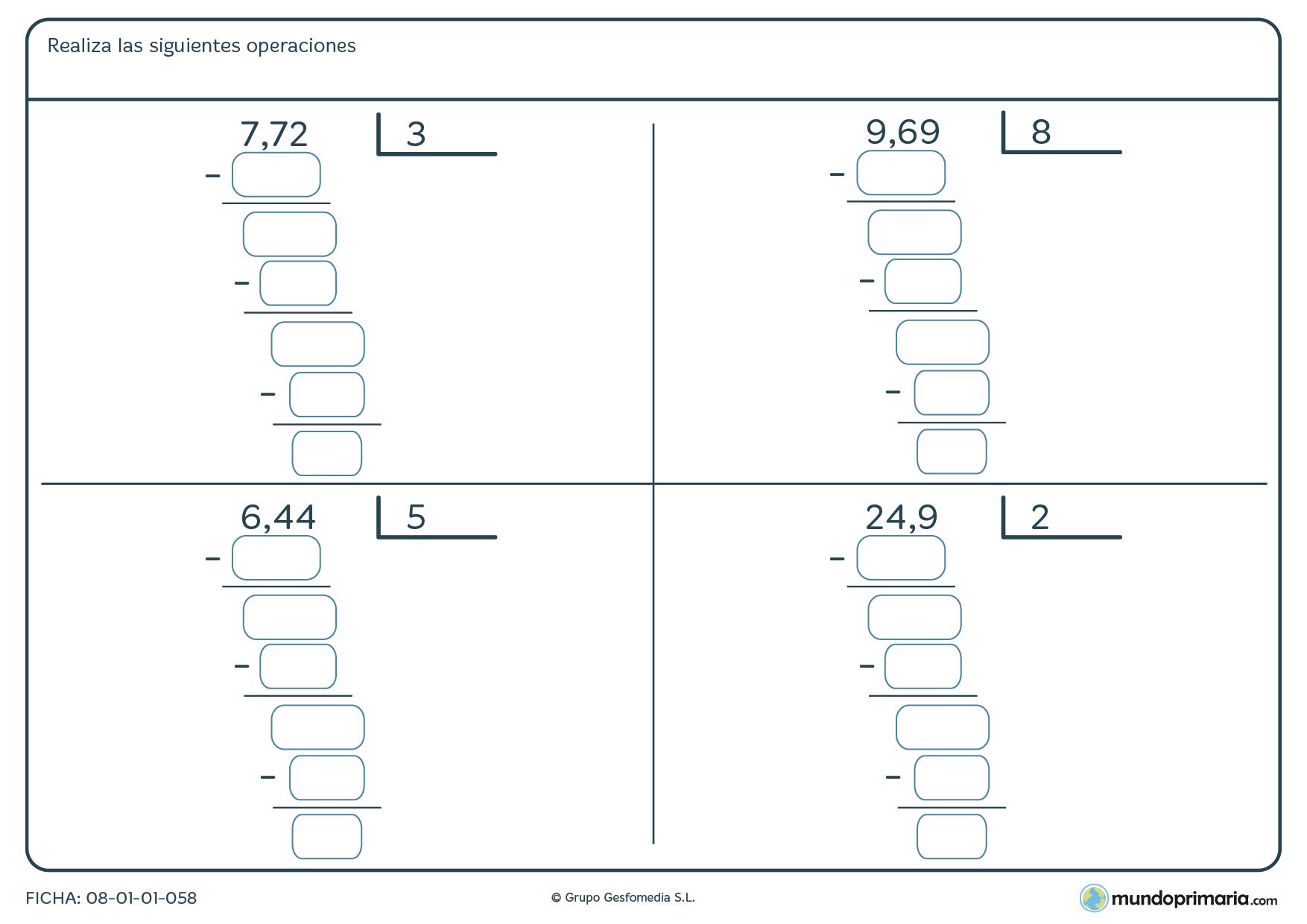 Ficha con cuatro divisiones con decimales para alumnos de Primaria