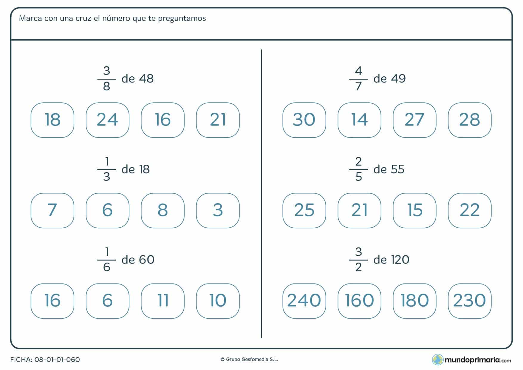 Ficha con fracciones de un número para indicar el resultado por 6º