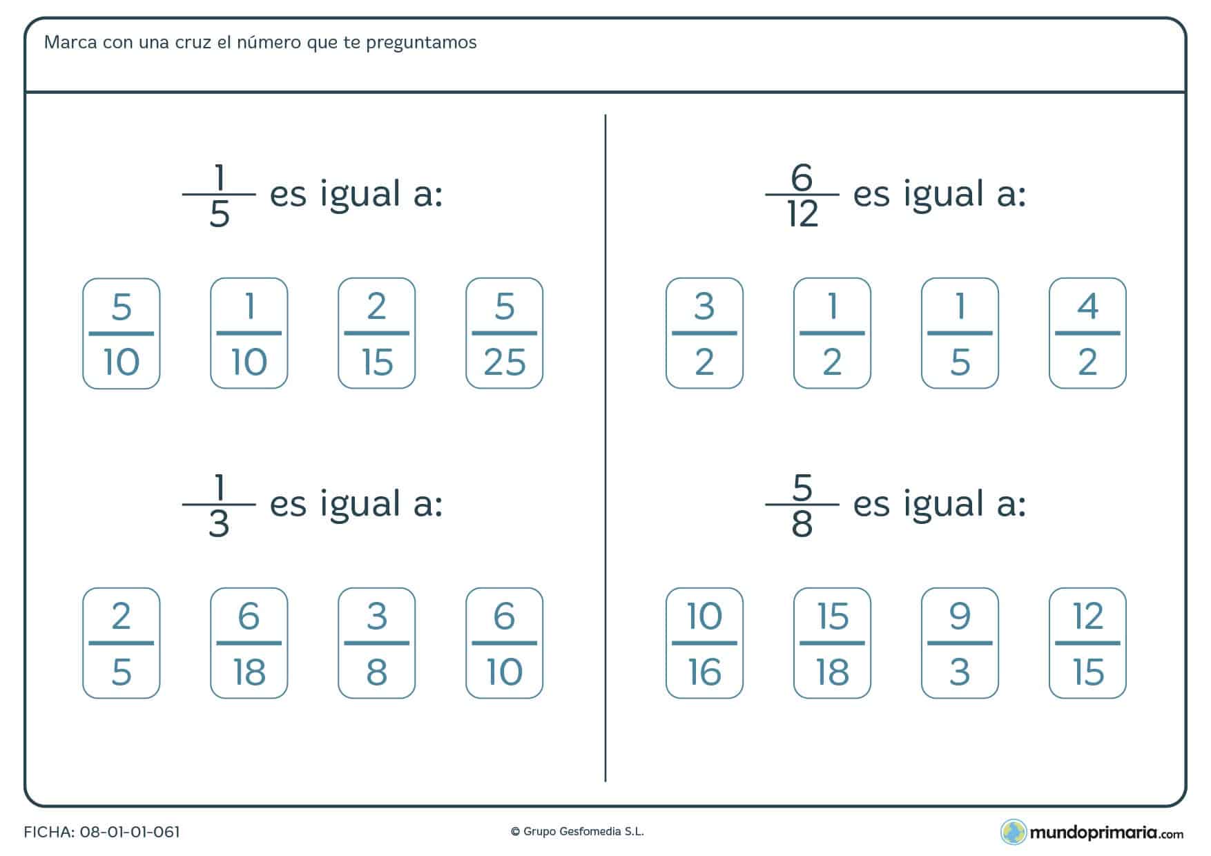 Ficha de equivalencia de fracciones para resolver por 6º de Primaria