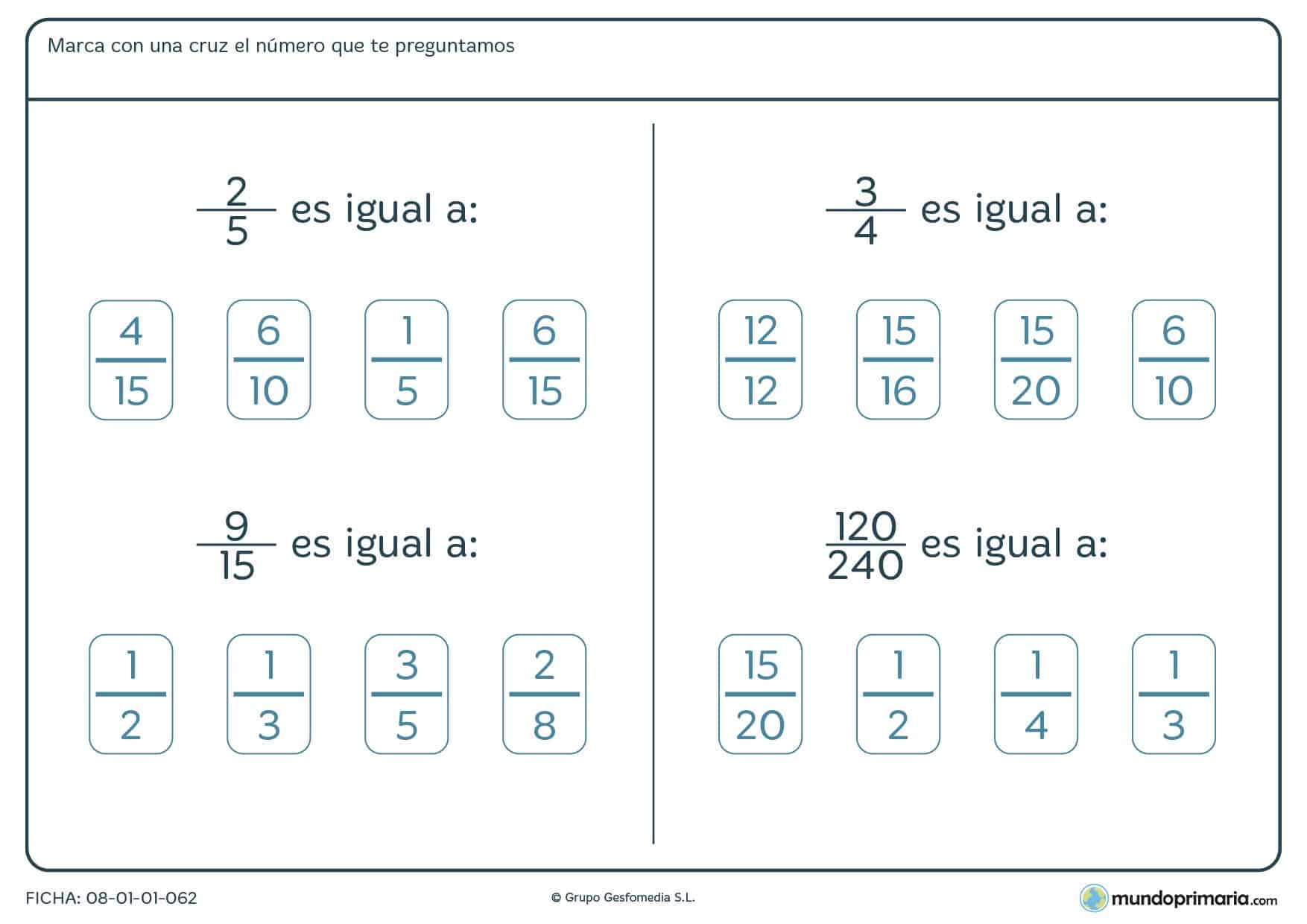 Ficha de fracciones para encontrar el número equivalente para 6º