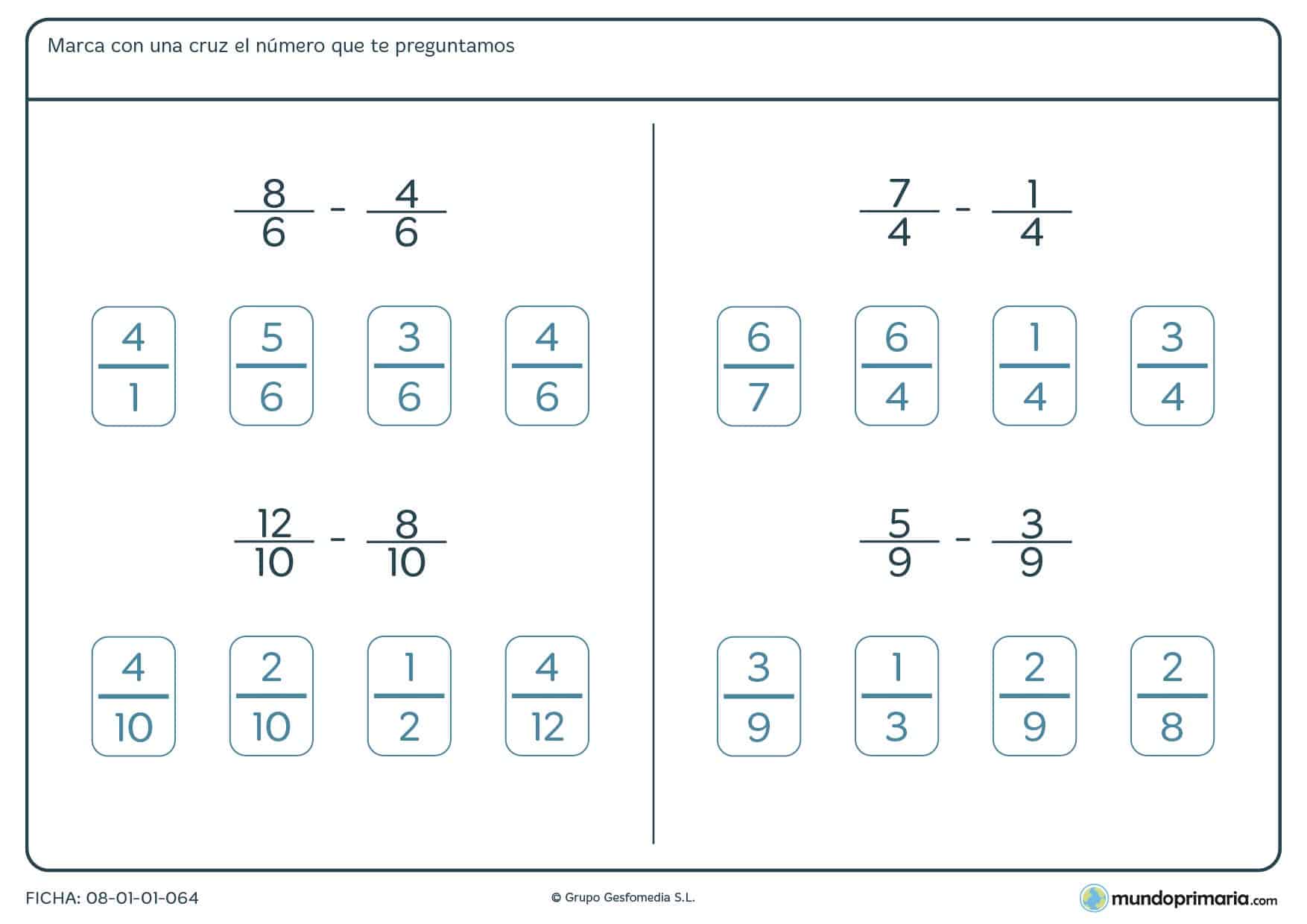 Ficha con sumas y restas de fracciones de distinto denominador para 6º