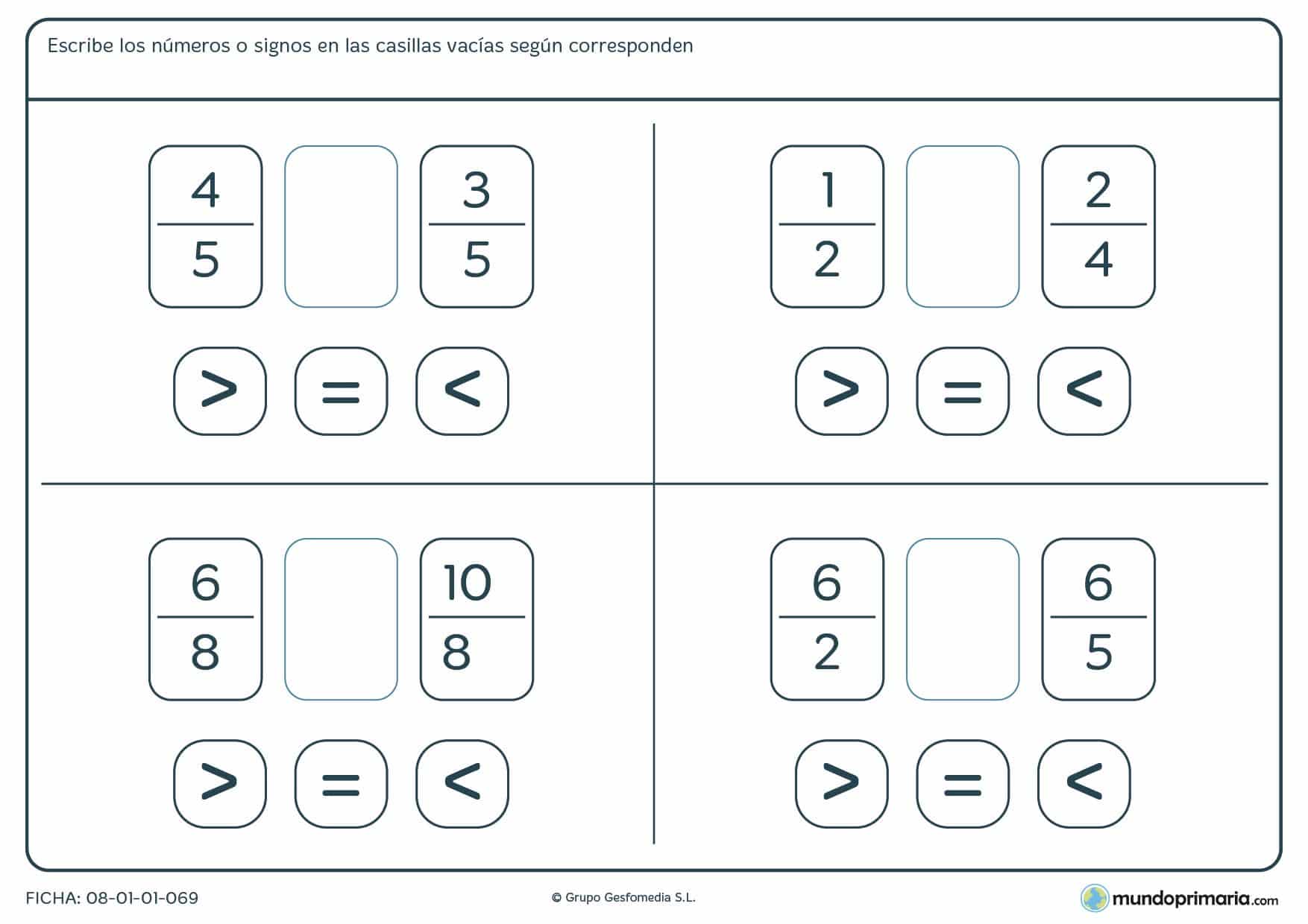 Ficha con signos para resolver la operación de fracciones para 6º