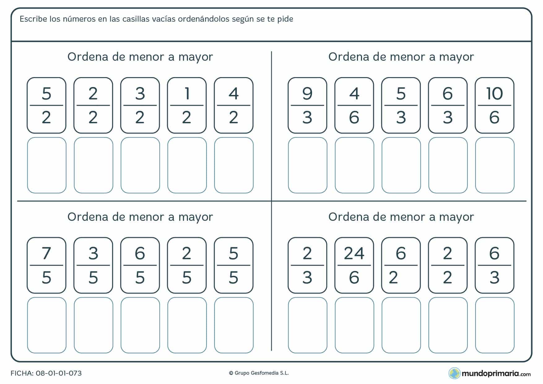 Ficha con fracciones para ordenar de menor a mayor para 6º de Primaria