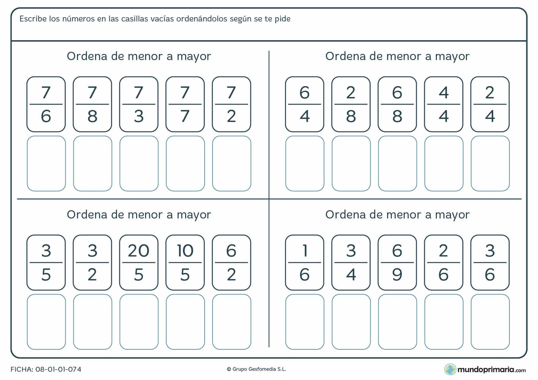 Ficha con números fraccionados para ordenar por alumnos de 6º