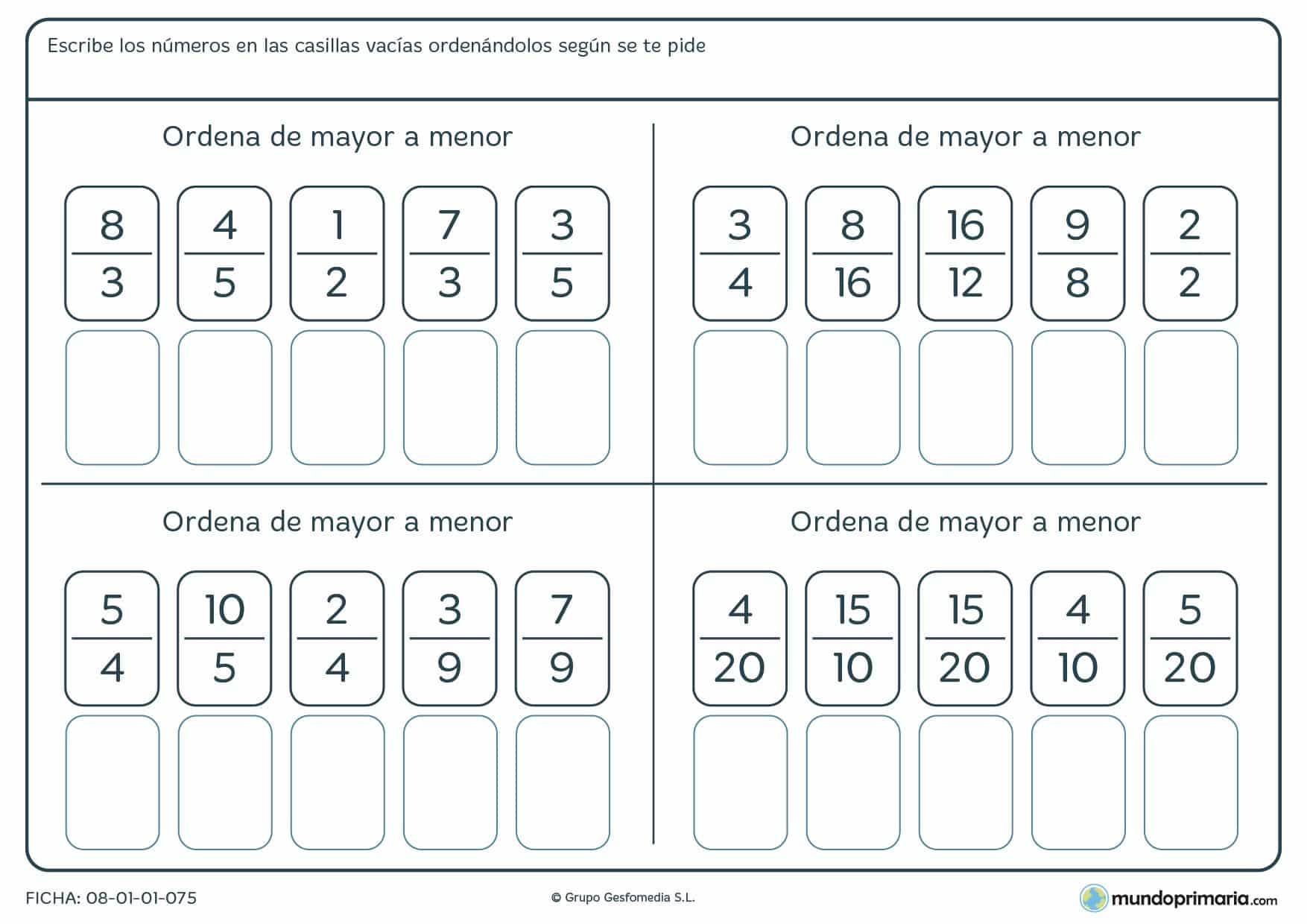 Ficha para reordenar las fracciones según el orden indicado para sexto