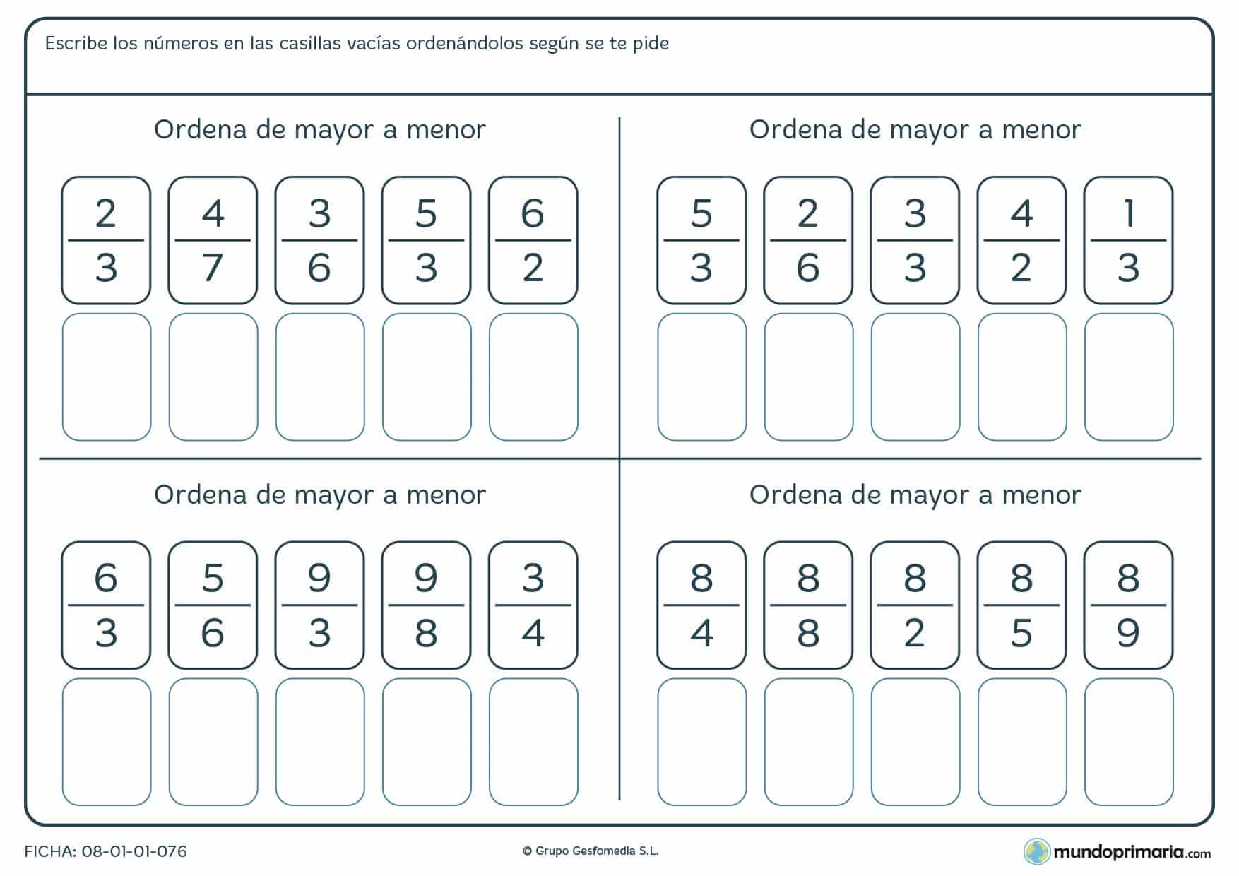Ficha con fracciones que hay que ordenar de mayor a menor para 6º